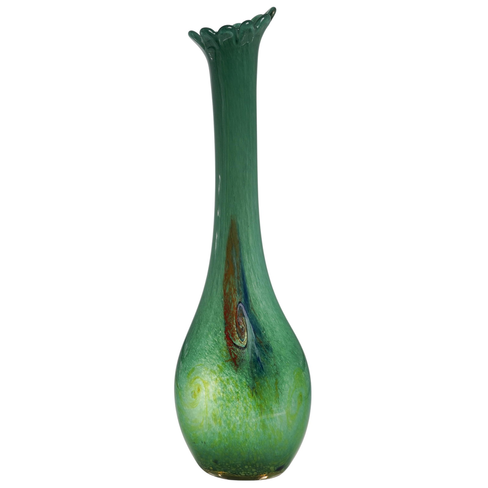 Large Calla Murano Glass Floor Vase: Large Calla Murano Glass Floor Vase Mid to late 20th century A large green Murano glass floor vase in a calla lily shape. Etched "Colla" on side. H 36" x L 11" x W 3"