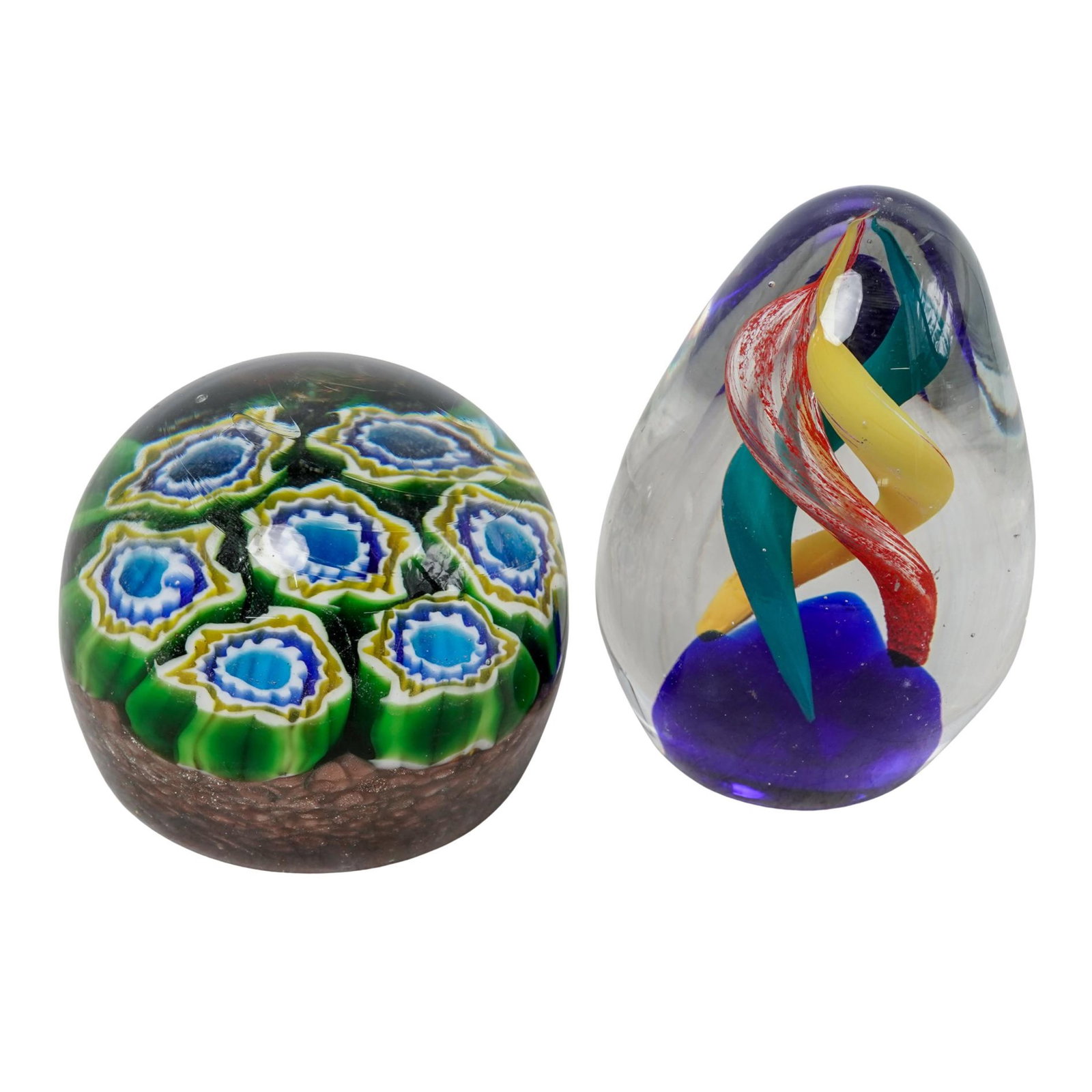 (2 pcs) Art Glass Paperweights: (2 pcs) Art Glass Paperweights 20th century, Continental A set of two art glass paperweights. One is an orb with green and blue millefiori designs against a brown metallic base. The other has green, y
