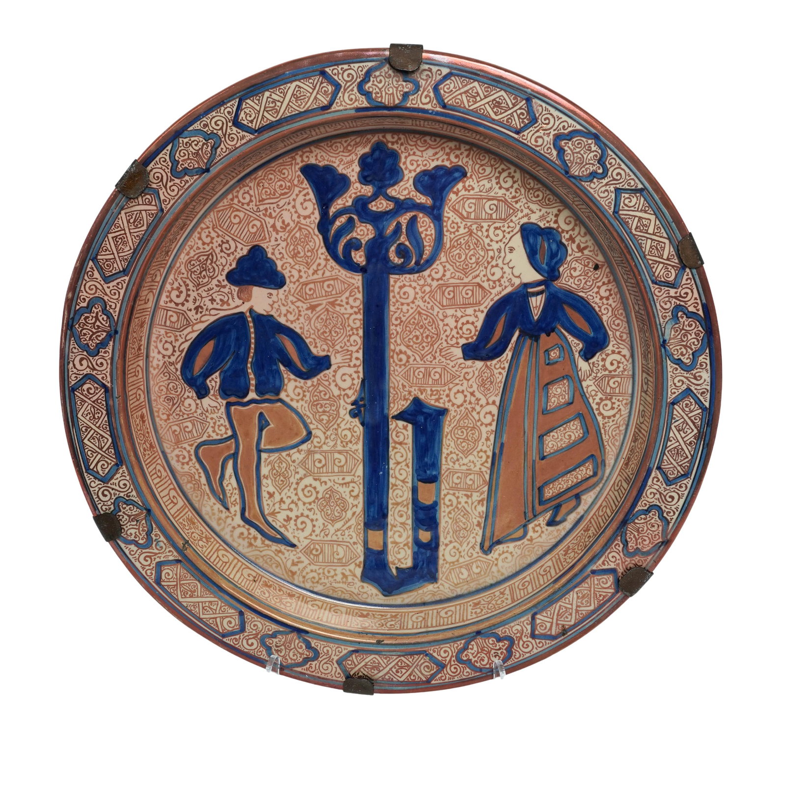 Hispano Moresque Copper-Lustre & Cobalt Blue Large Wall Ceramic Charger: Hispano Moresque Copper-Lustre & Cobalt Blue Large Wall Ceramic Charger c.1900s, Spanish Hispano Moresque style copper-lustre & cobalt blue ceramic charger. It is traditionally crafted in the style of