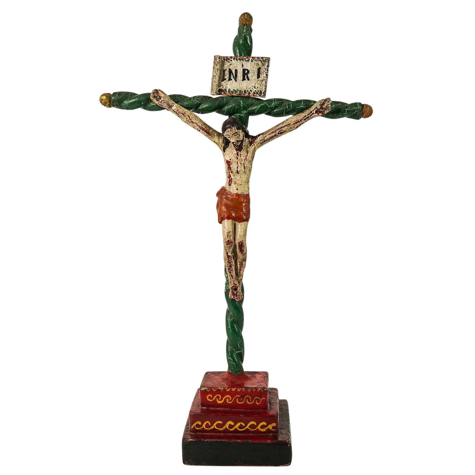 Vintage Hand Painted & Carved Good Crucifix: Vintage Hand Painted & Carved Good Crucifix Mid 20th Cent. Latin American This vintage hand-painted folk art crucifix is a unique and evocative piece of devotional art. The figure of Christ is hand-ca