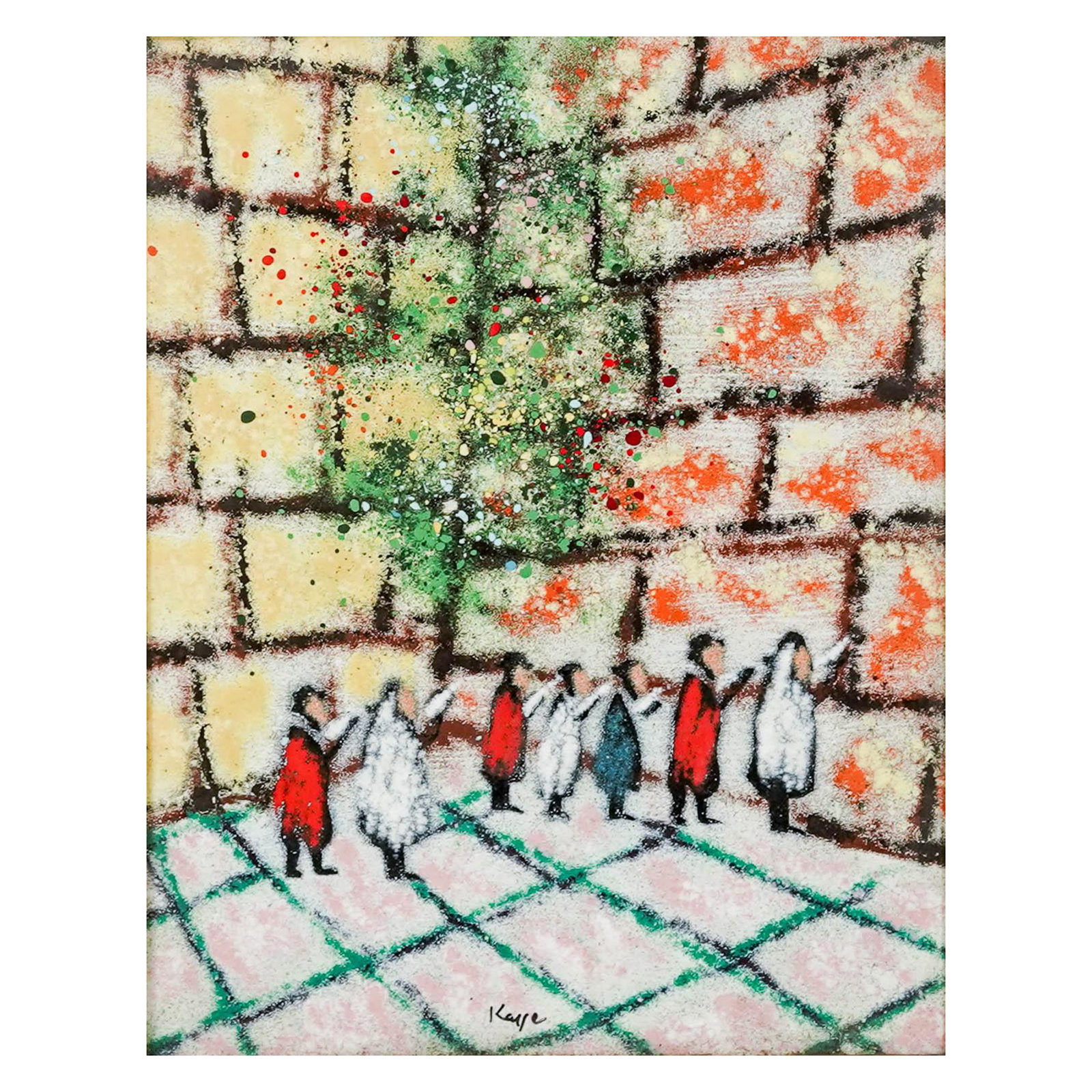 Kaye Denning (American, 20th Cent.) The Western Wall Enamel On Cooper: Kaye Denning (American, 20th Cent.) The Western Wall Enamel On Cooper 20th Cent.,American This original enamel-on-copper painting is a classic work of vintage Judaica by the artist Kaye. The piece dep