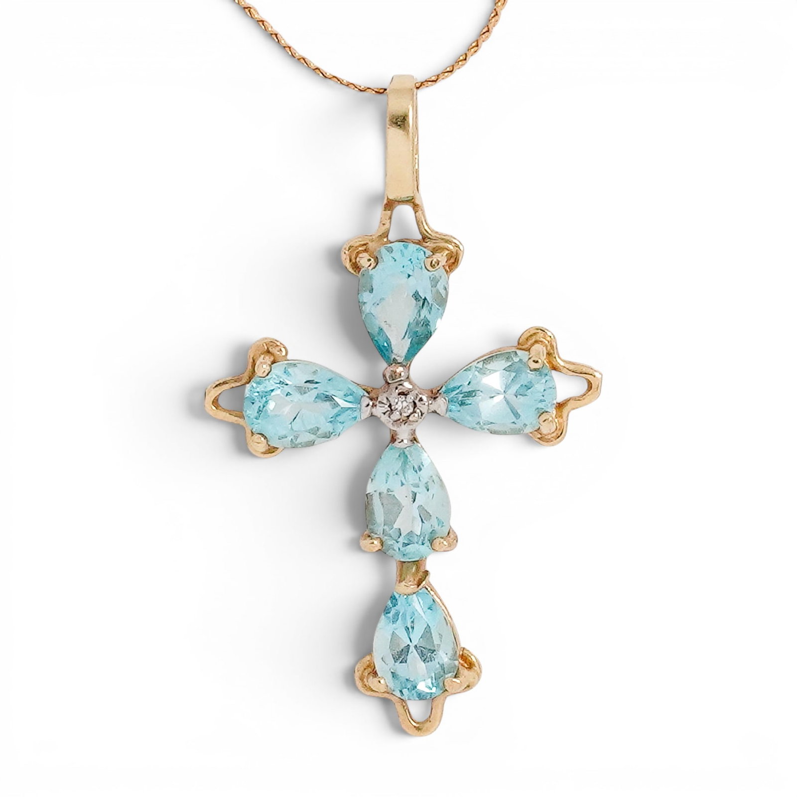 Italian 14k Gold Topaz & Diamond Cross Pendant Necklace, Signed (1 of 8)