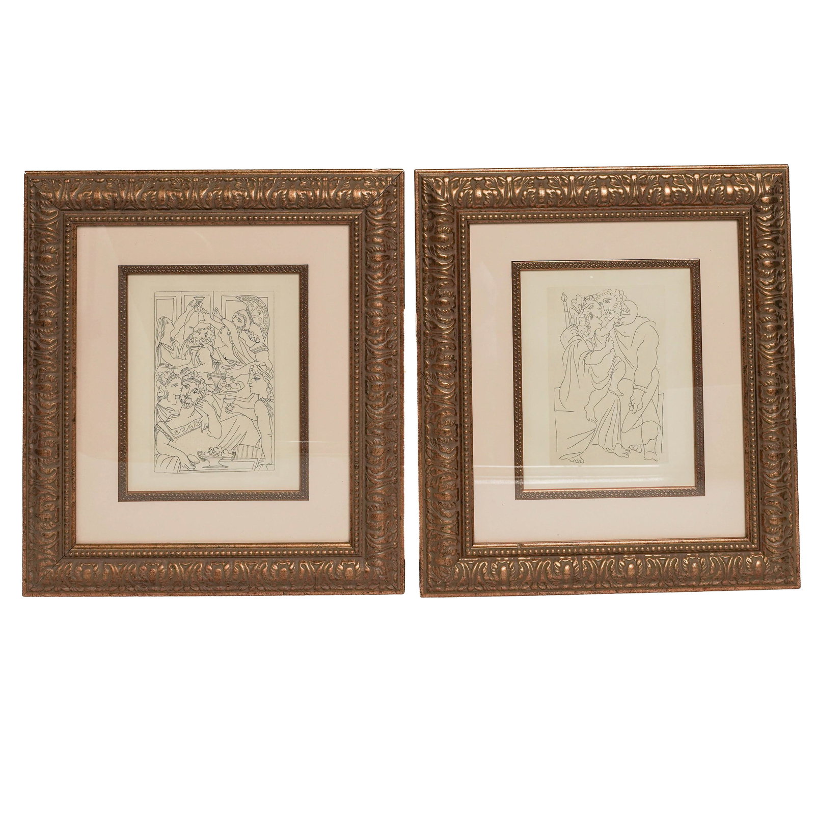 Pair of Pablo Picasso (Spanish, 1881-1973) "Lysistrata" Etchings: Pair of Pablo Picasso (Spanish, 1881-1973) "Lysistrata" Etchings Late 20th Century, Spain. A pair of prints from Pablo Piasso's 1934 Lysistrata Series; including Le Festin (The Feast) and Couple with 