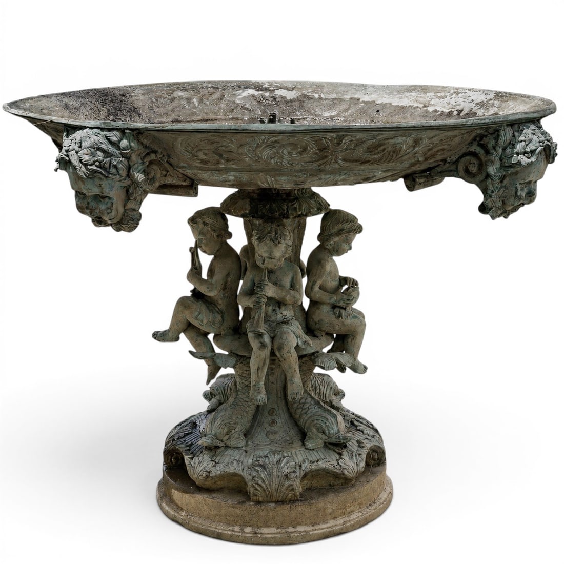 Neoclassical Style Bronze Figural Garden Fountain: Neoclassical Style Bronze Figural Garden Fountain Late 20th Cent. Revival style bronze garden fountain, featuring a wide circular dish with aged verdigris patina. The rim is accented with sculpted che