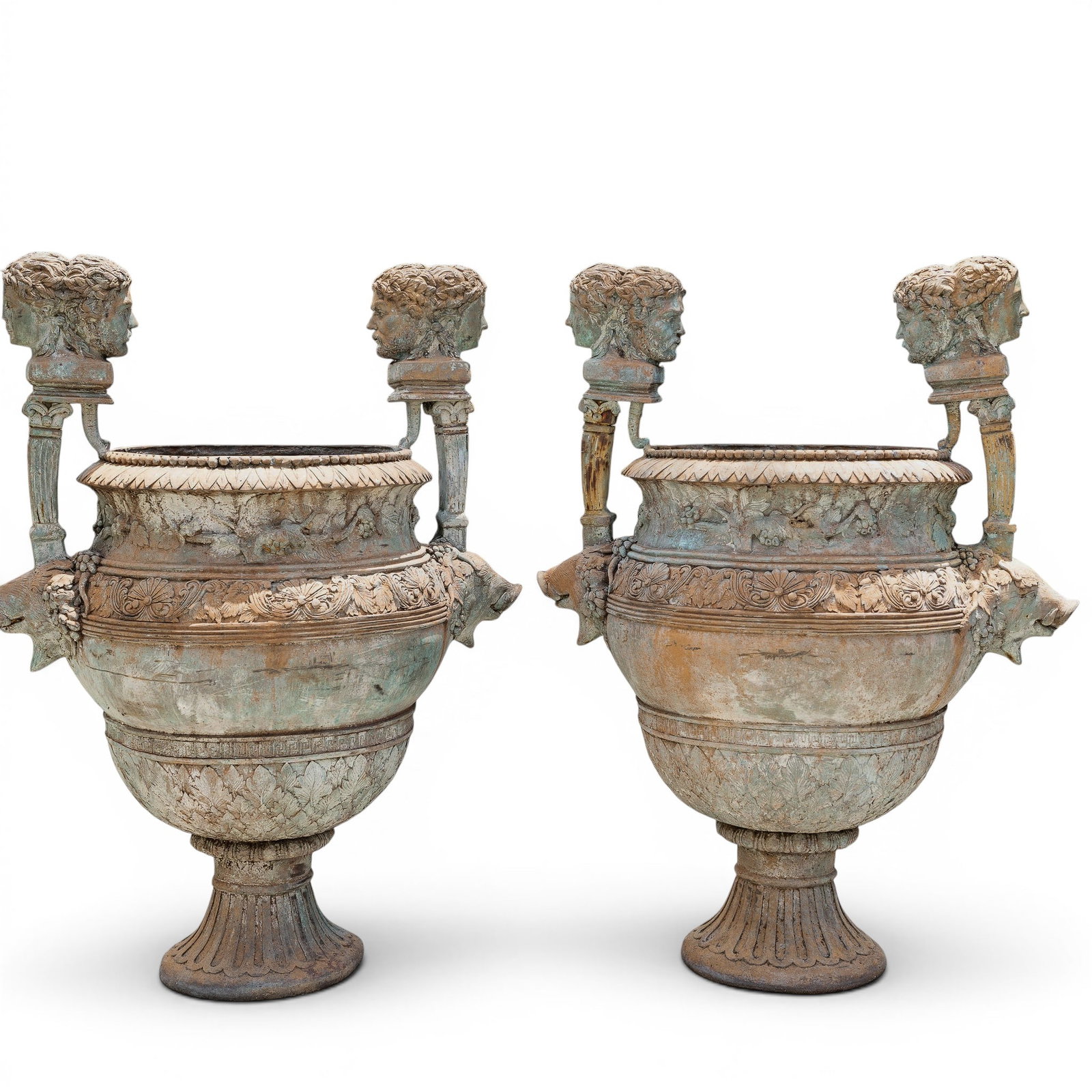 Pair Neoclassical Style Bronze Garden Urn Planters: Pair Neoclassical Style Bronze Garden Urn Planters Late 20th Cent. Pair neoclassical style bronze garden urn planters, each of bulbous form with flared rim and pedestal base. The bodies are decorated 