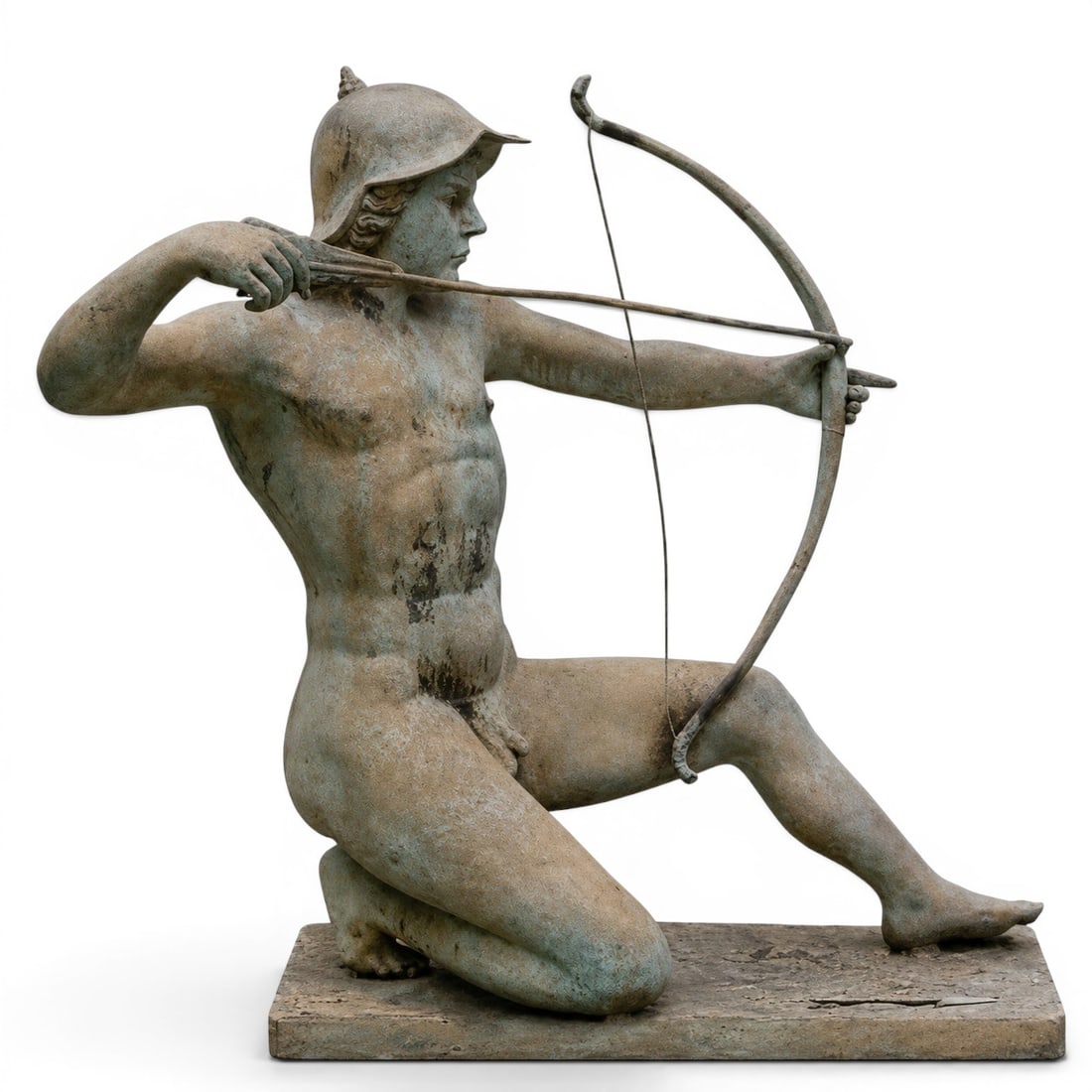 Greco Roman Style Bronze Archer Garden Sculpture: Greco Roman Style Bronze Archer Garden Sculpture Late 20th Cent. Bronze garden sculpture depicting a kneeling classical archer, wearing a crested helmet and mounted on a rectangular base. H: 38" W: 18