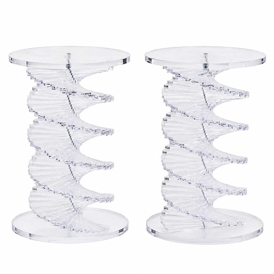 Pair of MCM Lucite Helix Pedestal Tables: Pair of MCM Lucite Helix Pedestal Tables Mid to late 20th century A pair of lucite helix Stairway to heaven designed pedestal tables. H 29.25" x Diameter 19"