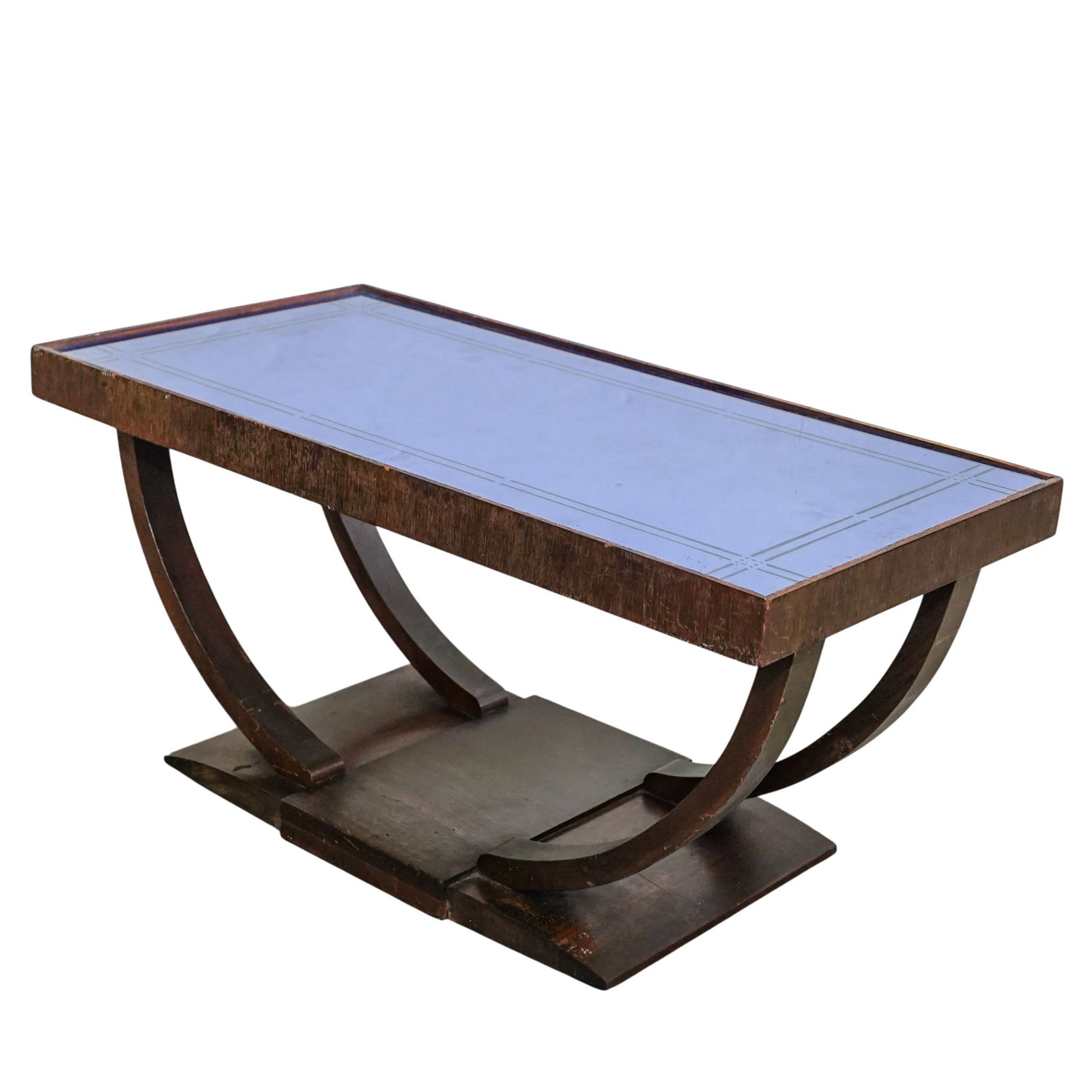 Art Deco Wood & Cobalt Glass Coffee Table: Art Deco Wood & Cobalt Glass Coffee Table Early 20th century, USA An Art Deco wood coffee table with a linear design etched cobalt blue table top glass insert. Wood bases with reeded legs. H 15.625" x