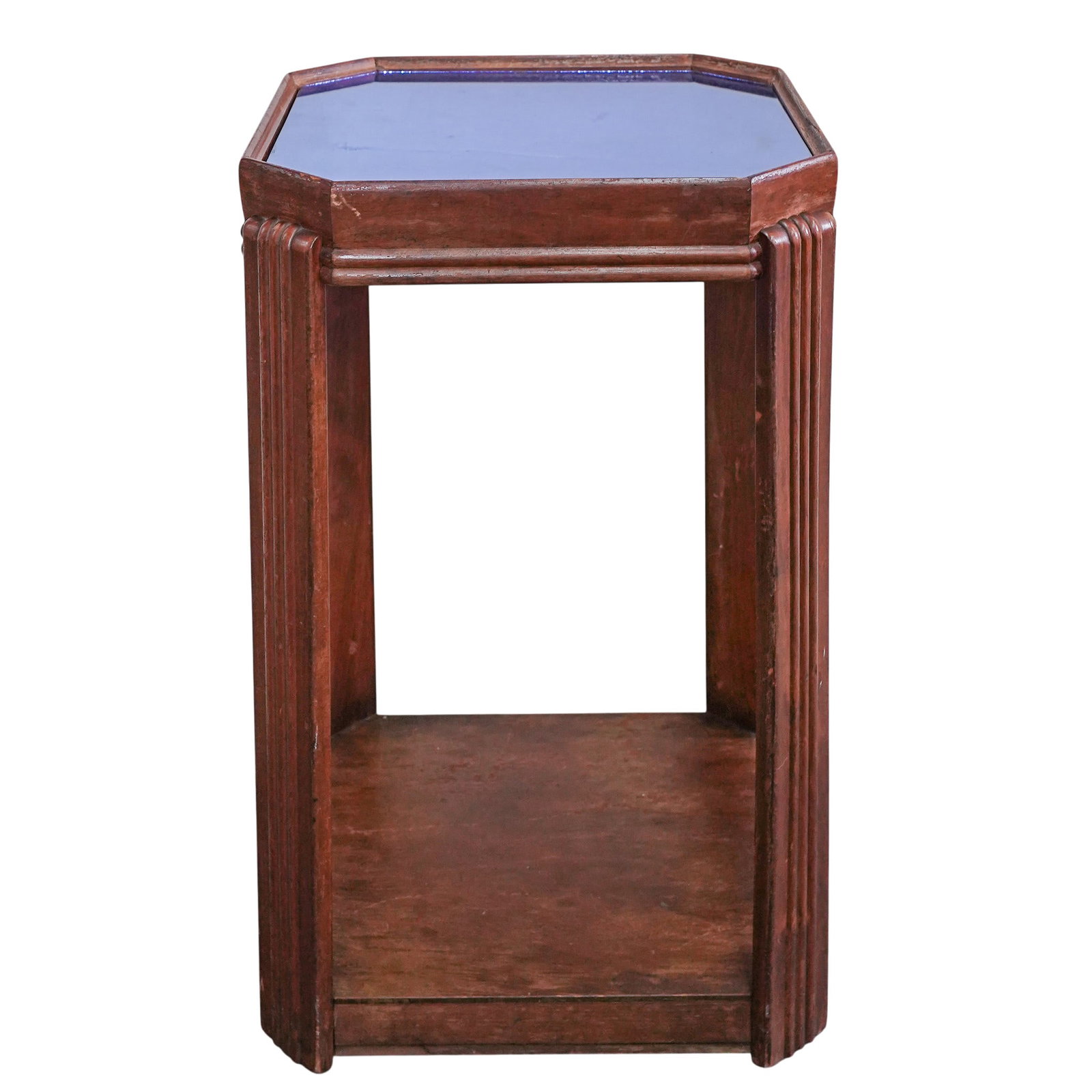 Art Deco Wood & Cobalt Glass Tables: Art Deco Wood & Cobalt Glass Tables Early 20th century, USA Art Deco wood table with cobalt glass insert table top. Tables feature wood bases, with reeded leg details. H 27' x W 17"
