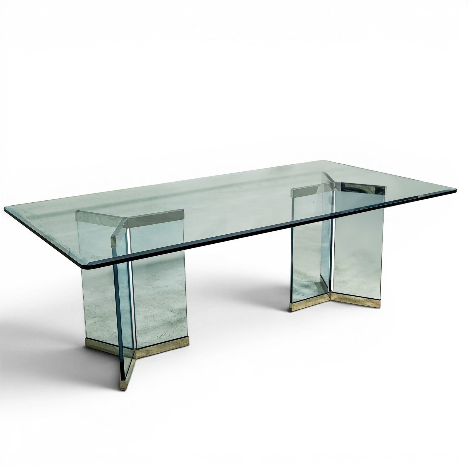 MCM Pace Collection Glass Dining Table: MCM Pace Collection Glass Dining Table Mid 20th century Mid-century modern Pace Collection glass dining table. Features a thick beveled glass top resting on two distinct triangular pedestal bases made