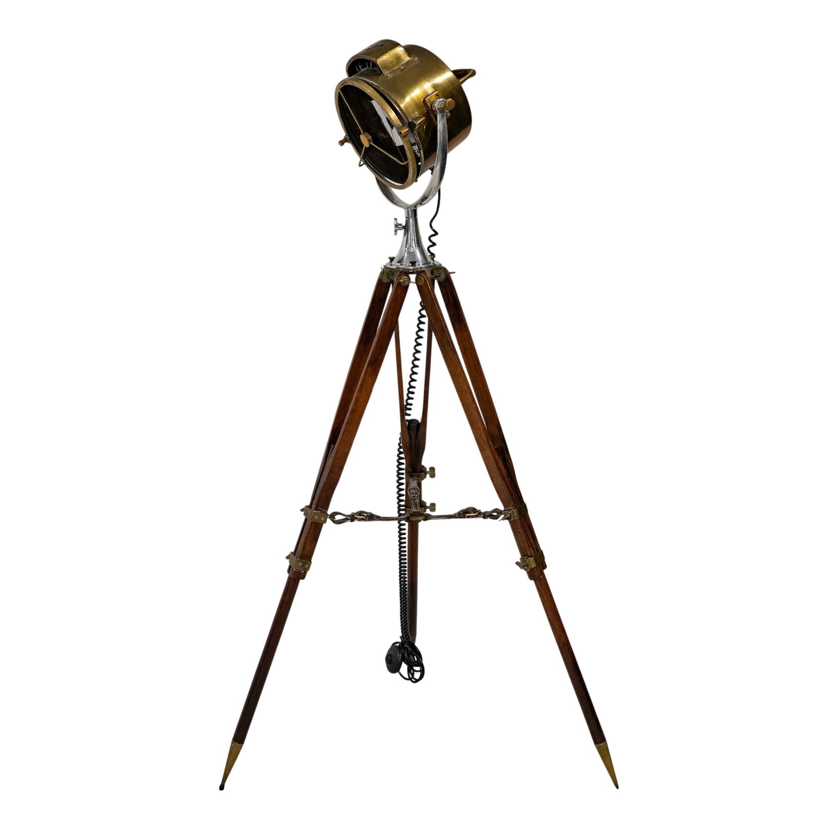 Wyeth Nautical Tripod Spotlight: Wyeth Nautical Tripod Spotlight 20th century Nautical floor lamp retailed by Wyeth. Features a striking industrial design, combining a functional spotlight head with a classic tripod base. The large, 