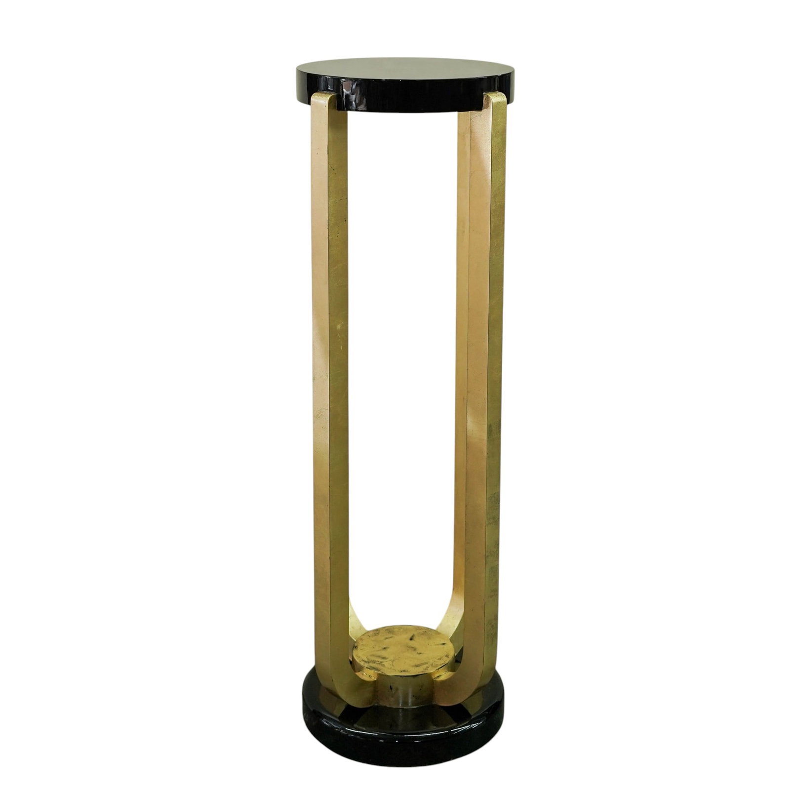 Art Deco Revival Lacquered and Gilt Wood Pedestal: Art Deco Revival Lacquered and Gilt Wood Pedestal Mid to late 20th century An Art Deco Revival wood pedestal featuring gilt wood legs and a black lacquered table top and base. H 44.25" x Diameter (bas