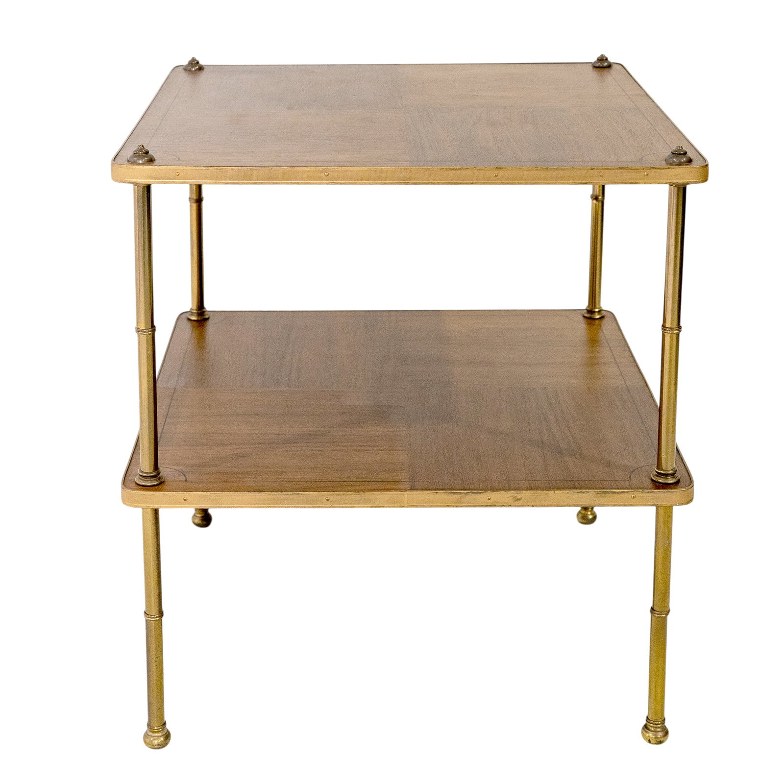 Vintage Two-Tier Walnut & Brass Etagere Side Table: Vintage Two-Tier Walnut & Brass Etagere Side Table Mid-20th Century, French. Two-Tier Walnut & Brass Étagère Side Table. Mid-century style side table featuring two walnut veneer shelves with brass-t