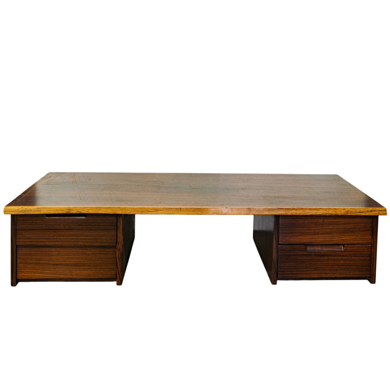 Danish MCM Rosewood Floating Desk: Danish MCM Rosewood Floating Desk Mid 20th century A mid-century modern rosewood floating desk featuring four drawers on each side. H 12.5" x L 53" x Depth 18"
