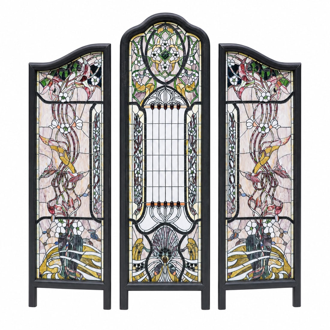 Antique Art Nouveau Style Stained Glass Dressing Screen: Antique Art Nouveau Style Stained Glass Dressing Screen Mid 20th Cent. This Art Nouveau-style stained-glass three-panel dressing screen is characterized by its elaborate floral motifs and sinuous, org