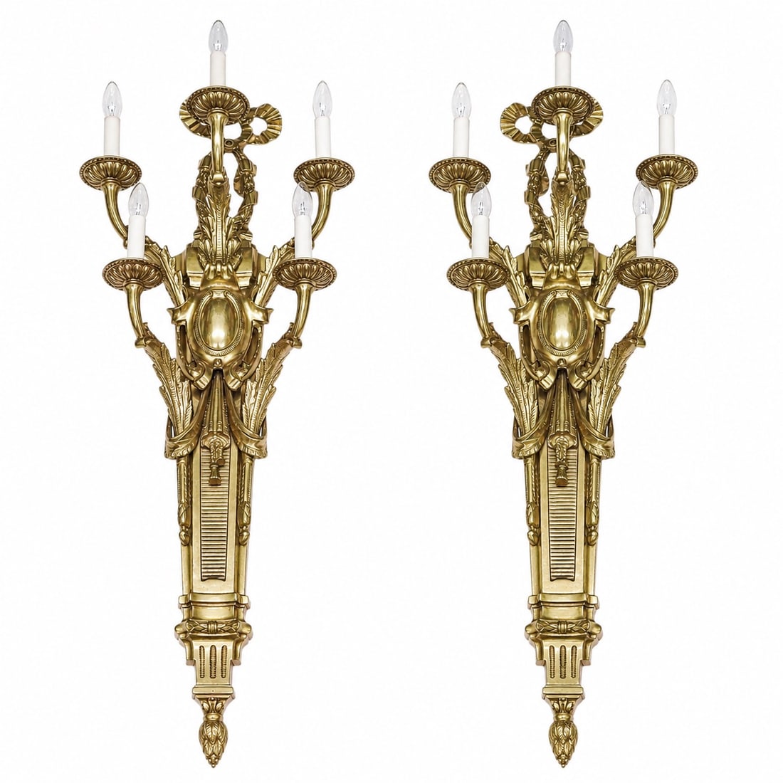 Pair Large French Louis XVI-Style Gilt Bronze Wall Sconces: Pair Large French Louis XVI-Style Gilt Bronze Wall Sconces c. 1880-1890, French Crafted from ormolu, these fixtures are highly decorative and exhibit the formal elegance characteristic of French Neocl