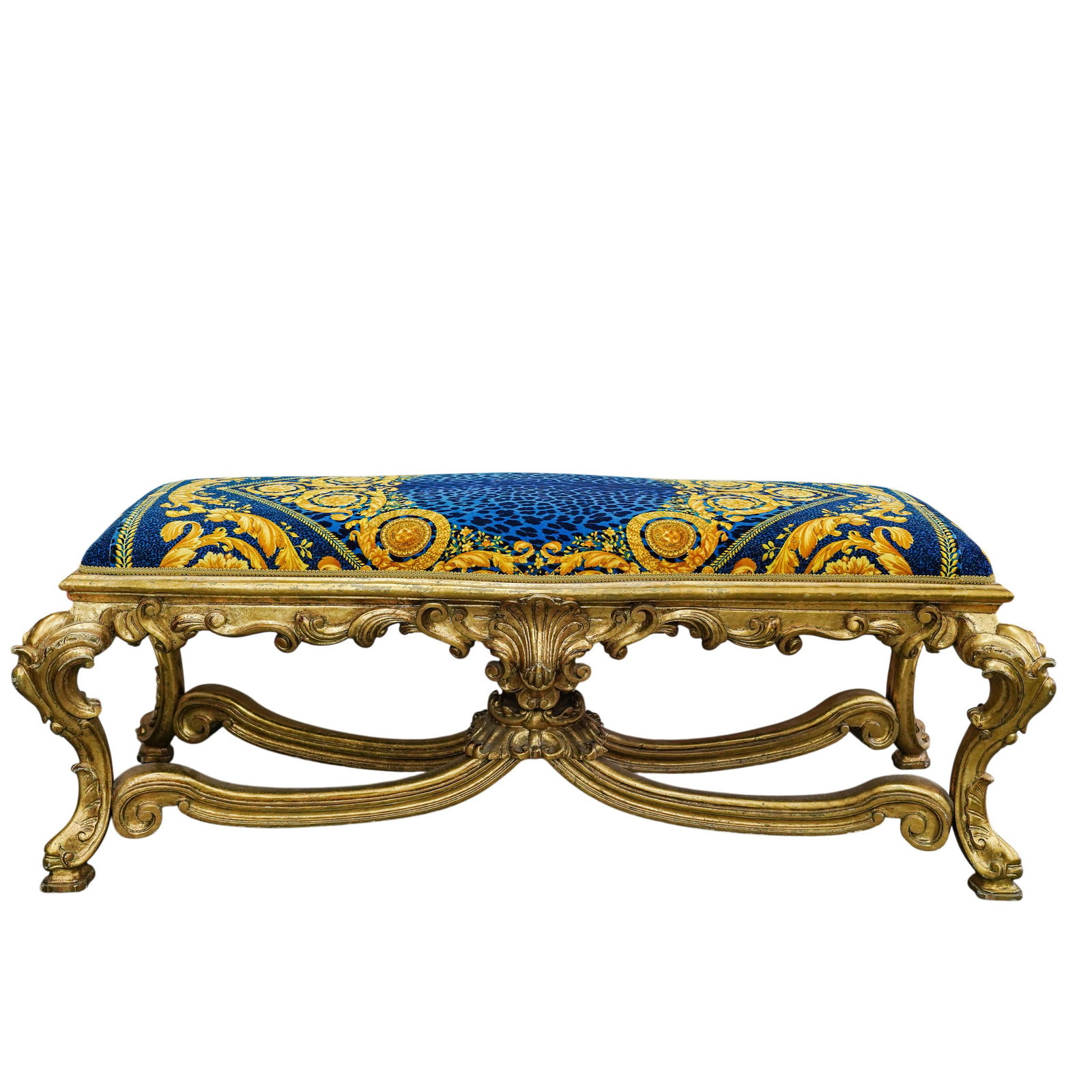 Baroque Style Gilt Wood Bench w/ Atelier Versace Fabric (1 of 7)