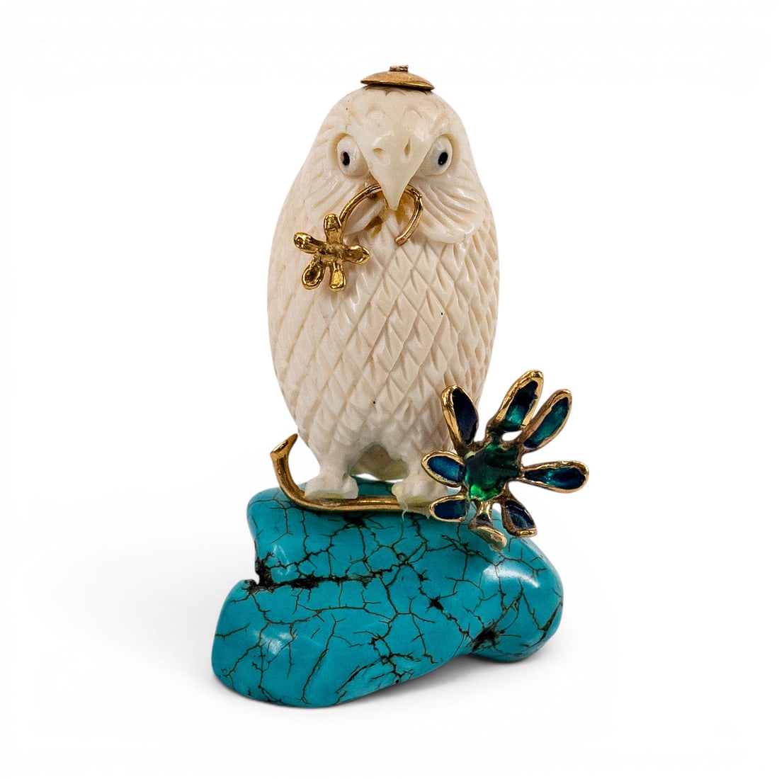 Vintage Carved Owl Figurine on Turquoise with 14K Gold Accents, Signed (1 of 9)