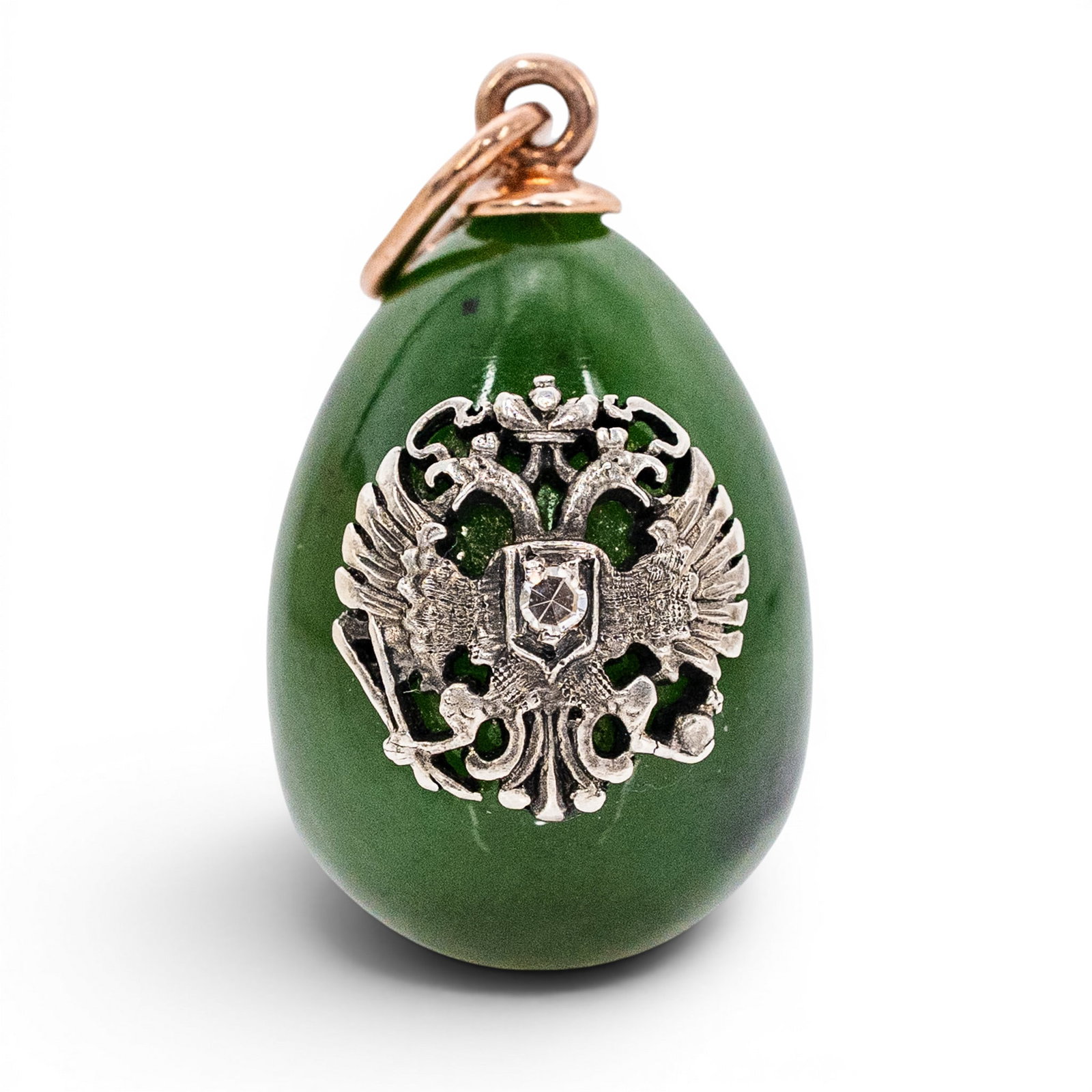 Imperial Russian 14k Rose Gold Diamond & Nephrite Jade Egg Pendant: Imperial Russian 14k Rose Gold Diamond & Nephrite Jade Egg Pendant 1900s, Russian Imperial Russian 14k rose gold nephrite jade egg pendant featuring a polished green nephrite jade egg with applied Rus