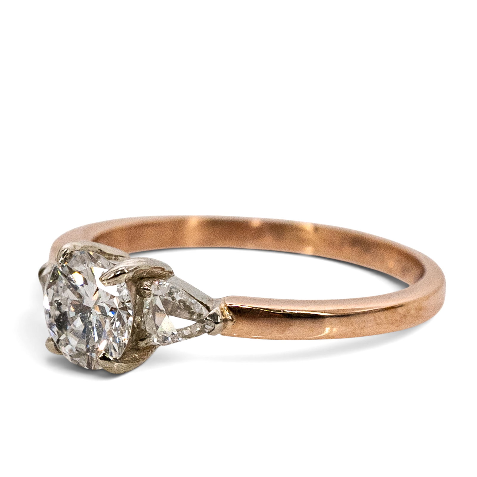 Russian 14k Two-Tone Gold & Diamond Ring: Russian 14k Two-Tone Gold & Diamond Ring 20th Century, Russian Russian two-tone 14k rose and white gold diamond ring featuring an approxiamtely 0.90 ct round, G color SI2, brilliant-cut center diamond