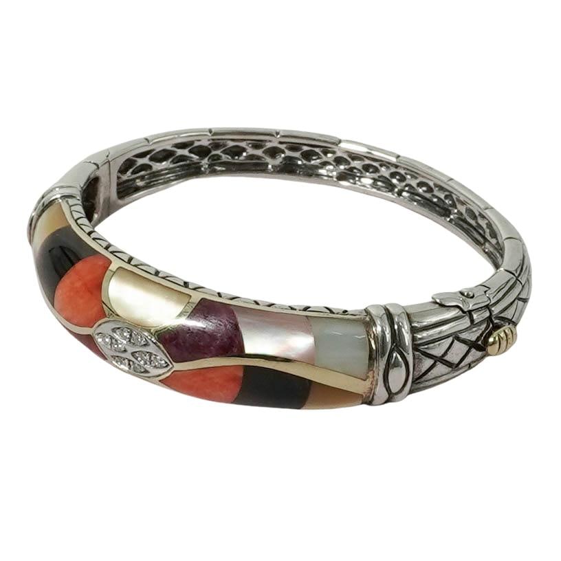 Asch Grossbardt 18K Gold & Sterling Multi-Stone Mosaic Bracelet: Asch Grossbardt 18K Gold & Sterling Multi-Stone Mosaic Bracelet Late 20th c., USA Asch Grossbardt hinged bracelet crafted from sterling silver, engraved with geometric patterns and featuring a central