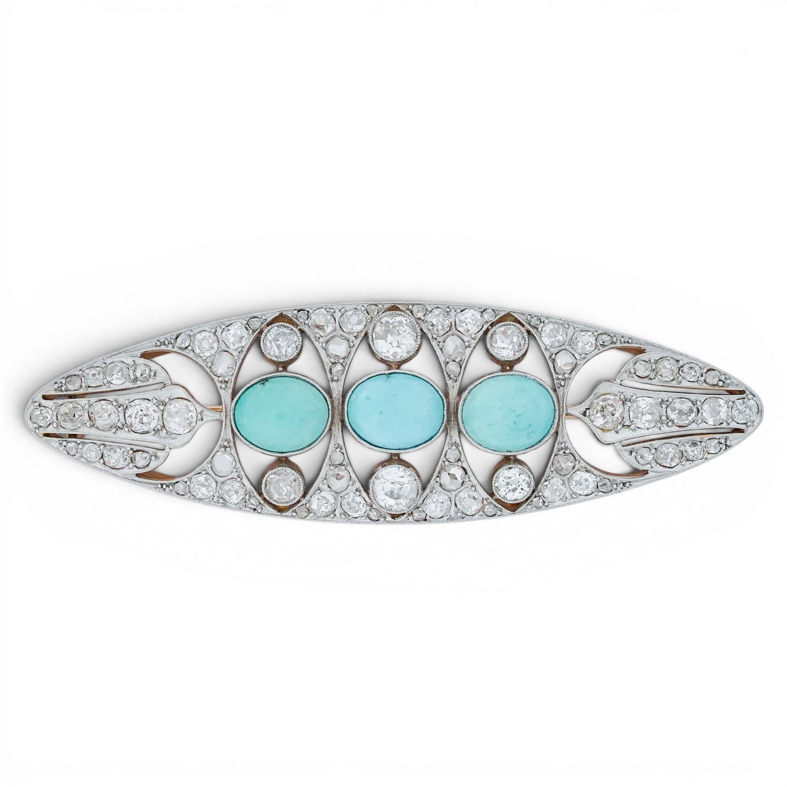 Art Deco Platinum 14k Gold Diamond Turquoise Brooch: Art Deco Platinum 14k Gold Diamond Turquoise Brooch Early 20th Cent. Art deco brooch, with elongated navette form, crafted in 14k gold with a platinum topped front. Three natural turquoise cabochon st