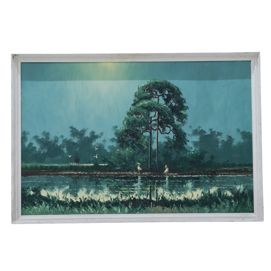 Al Black (American, 1947-2025) Florida Highwaymen Everglades Oil On Board: Al Black (American, 1947-2025) Florida Highwaymen Everglades Oil On Board 1981, USA Atmospheric Florida landscape depicting wading birds beside a reflective waterway beneath towering pines, executed i