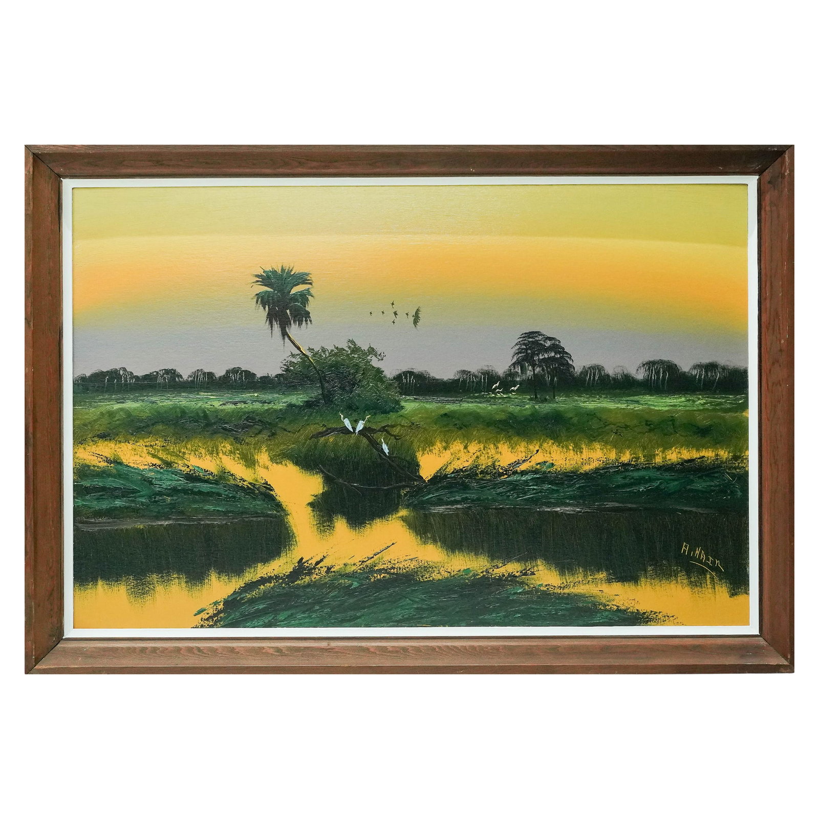 Alfred Hair (American, 1941-) Highwaymen Sunset Landscape, Oil on Gypsum Board: Alfred Hair (American, 1941- ) Highwaymen Sunset Landscape, Oil on Gypsum Board Late 20th Century, USA Classic Florida Highwaymen landscape depicting a luminous Everglades sunset with reflective water