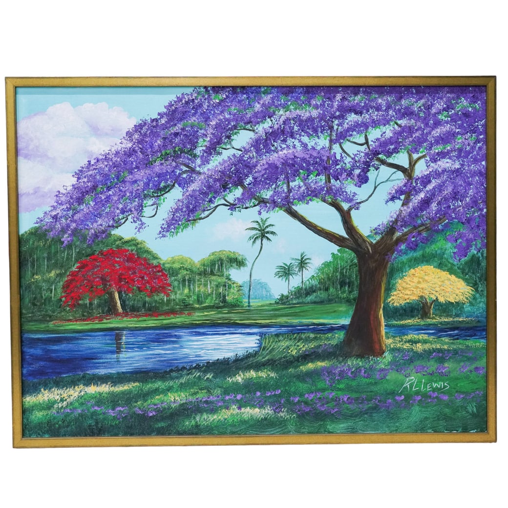 Robert L. Lewis (American, b. 1941) Jumbo Tree Oil On Canvas Painting: Robert L. Lewis (American, b. 1941) Jumbo Tree Oil On Canvas Painting 20th Cent., American Robert L. Lewis is one of the only Florida Highwaymen painters who is known as a member of the group due to t