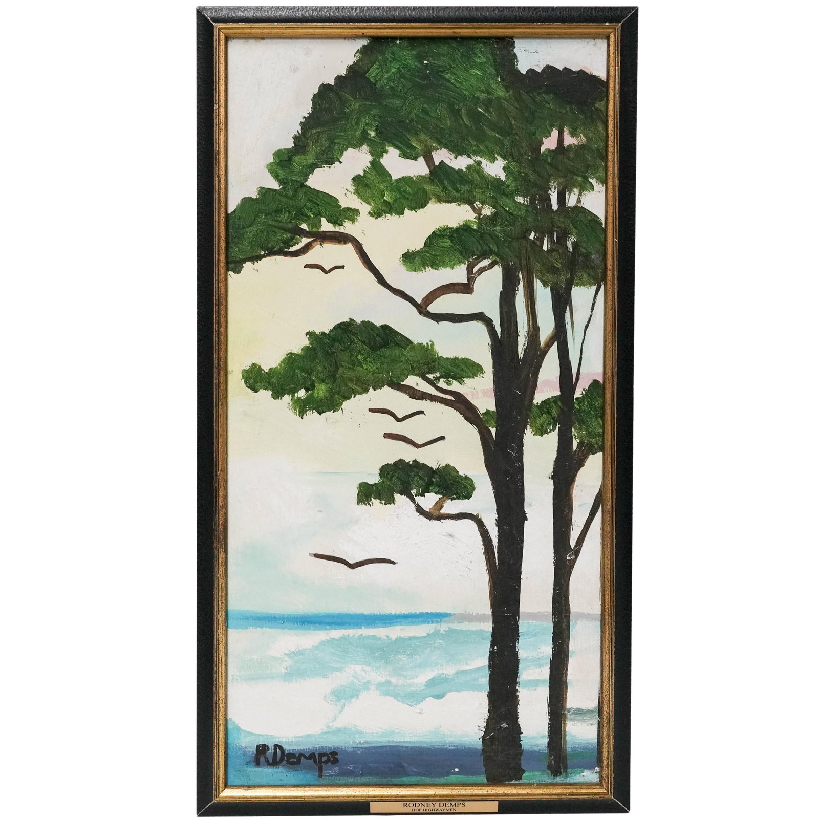 Rodney Demps (American, 1953-2020), Highwaymen Landscape Oil on Canvas: Rodney Demps (American, 1953-2020), Highwaymen Landscape Oil on Canvas Late 20th Century, USA Vertical landscape depicting windswept trees along a coastal shoreline with seabirds in flight, executed i