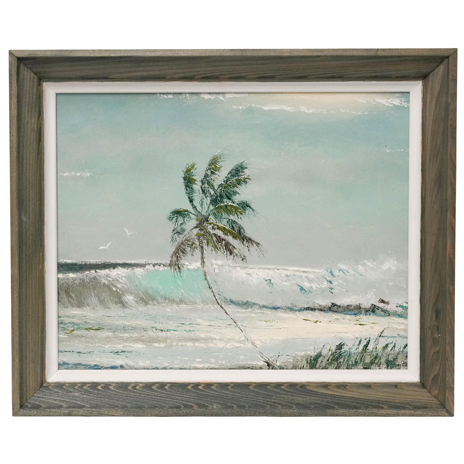 Sam Newton (American, 1948-) Beach Scene, Oil on Masonite: Sam Newton (American, 1948- ) Beach Scene, Oil on Masonite Late 20th Century, USA Coastal landscape depicting a solitary palm tree beside rolling ocean surf, rendered in a soft impressionistic palette