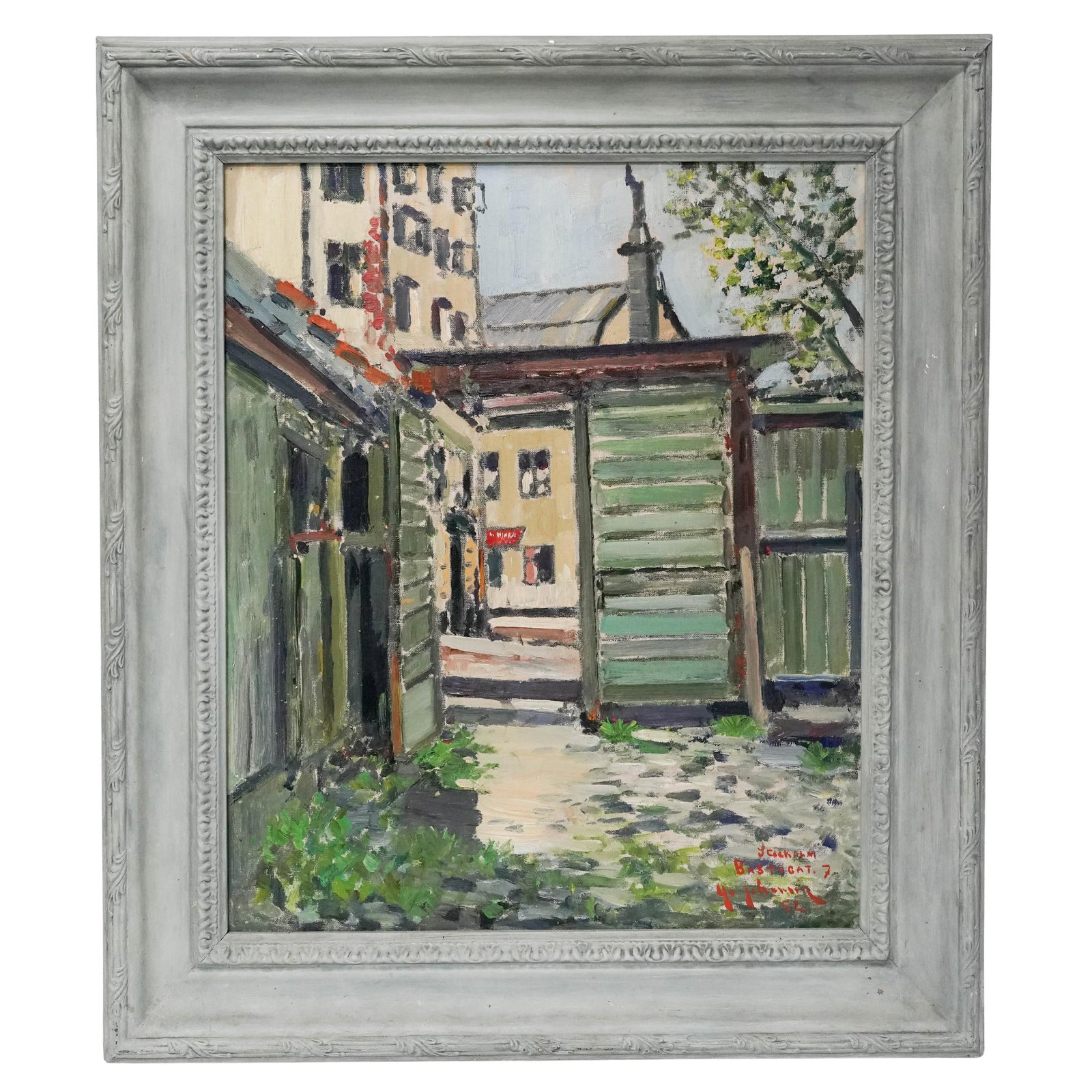 After Johan Johansson 'Stockholm Bastucat 7', Oil on Canvas: After Johan Johansson 'Stockholm Bastucat 7', Oil on Canvas 1952, Sweden. Oil on canvas After Johan Johansson depicting a Stockholm streetscape with wooden structures and urban buildings beyond, signe