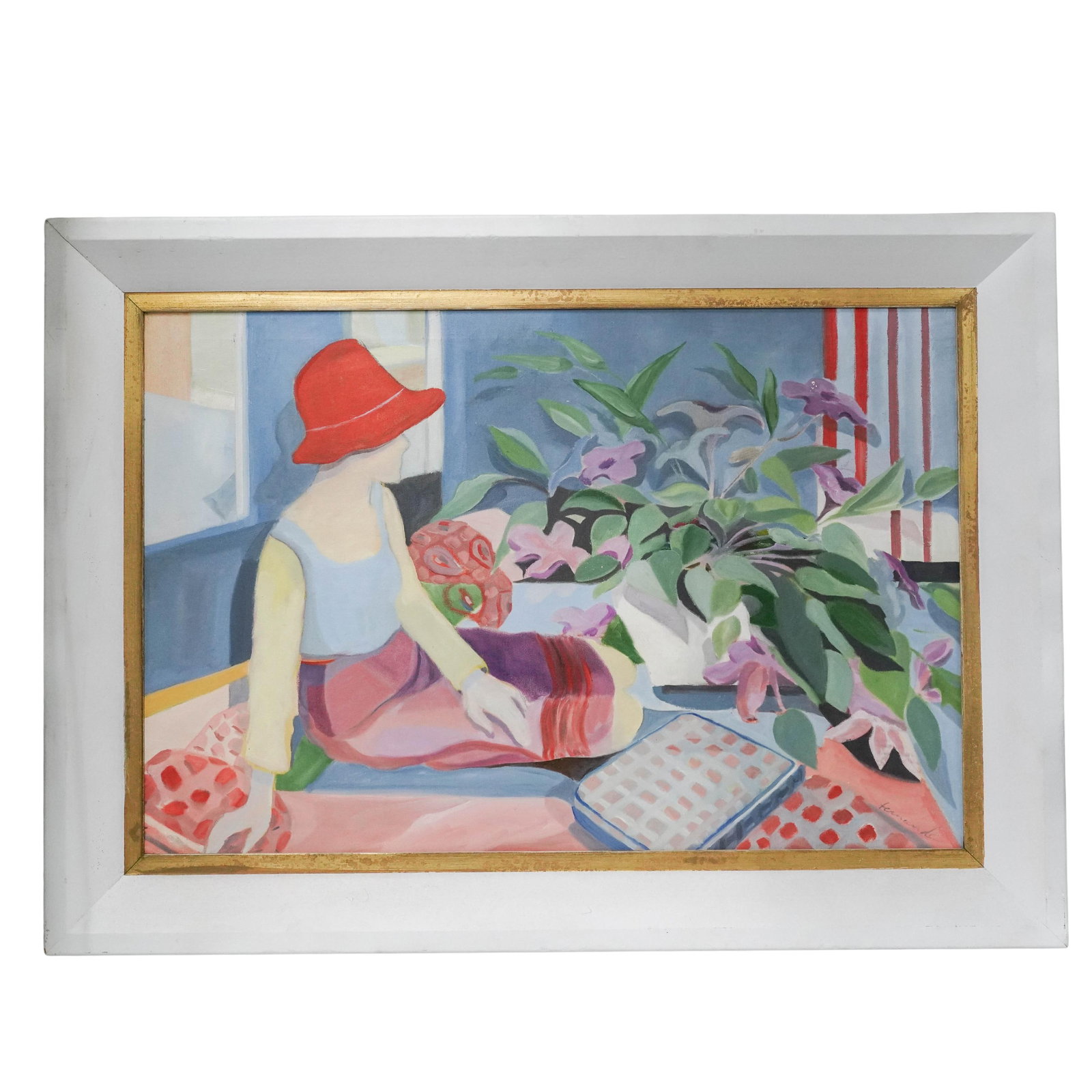 Signed Fernande 'Red Repose' Oil on Canvas: Signed Fernande 'Red Repose' Oil on Canvas Mid-20th Century, France. Oil on canvas depicting a seated female figure in a red hat beside flowering plants, rendered in a modernist palette of pink, blue,