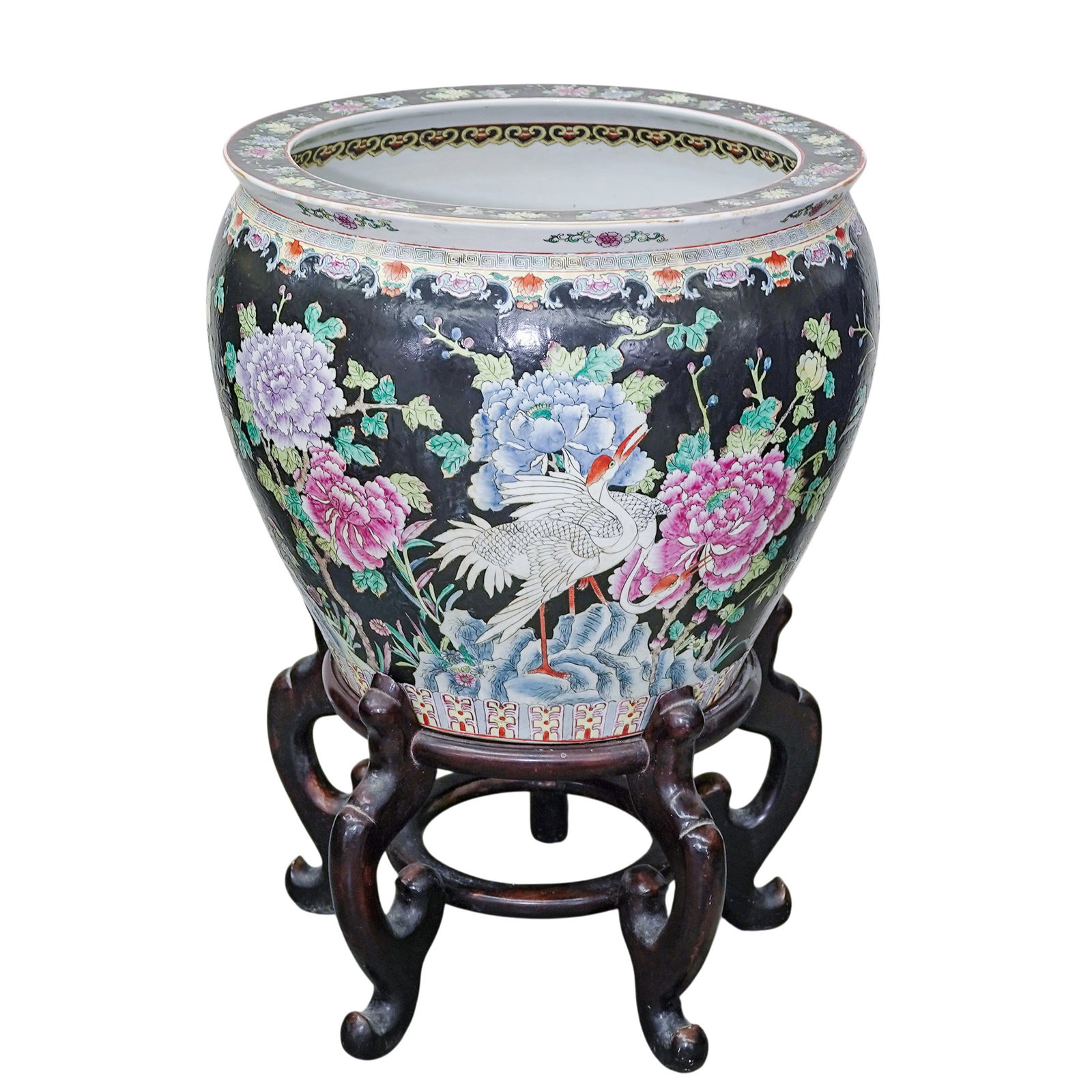 Large Chinese Famille Noir Porcelain Fishbowl Planter on Stand (1 of 8)