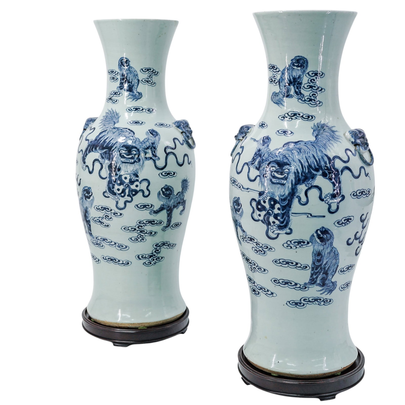 Pair of Antique Chinese Buddhist Lions Blue & White Vases: Pair of Antique Chinese Buddhist Lions Blue & White Vases 19th century (possibly older), Chinese These are Chinese blue and white porcelain baluster vases, adorned with "Buddhist lions" (or "foo dogs"