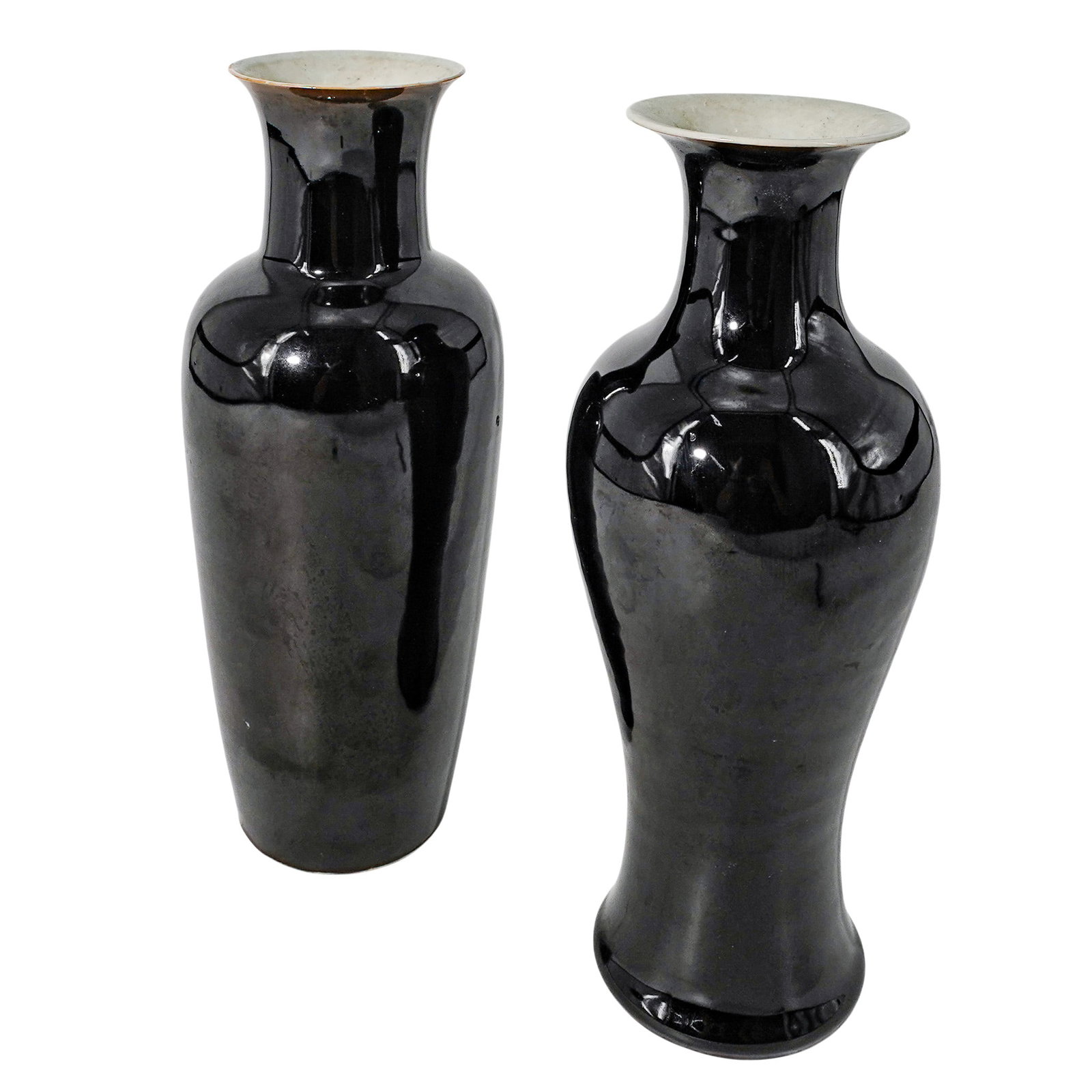 Pair of Antique Chinese Black Glaze Porcelain Vases: Pair of Antique Chinese Black Glaze Porcelain Vases Late 19th Century, China. Antique Chinese Export Porcelain Vases, of baluster form with flared rims, decorated in a black ground glaze with reserved