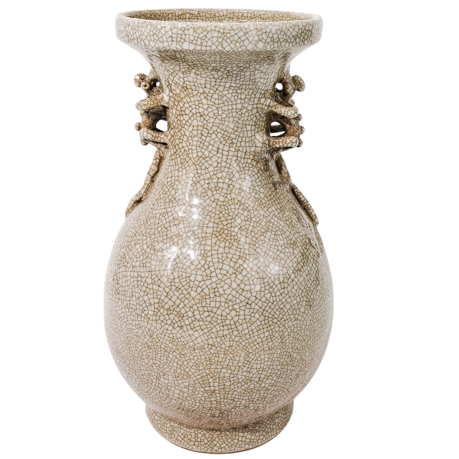 Antique Chinese Ge Ware Crackle Glazed Pottery Vase: Antique Chinese Ge Ware Crackle Glazed Pottery Vase Early 20th Cent. China Chinese crackle-glazed stoneware vase featuring a bulbous body and flared rim with stylized zoomorphic reptile handles on eit