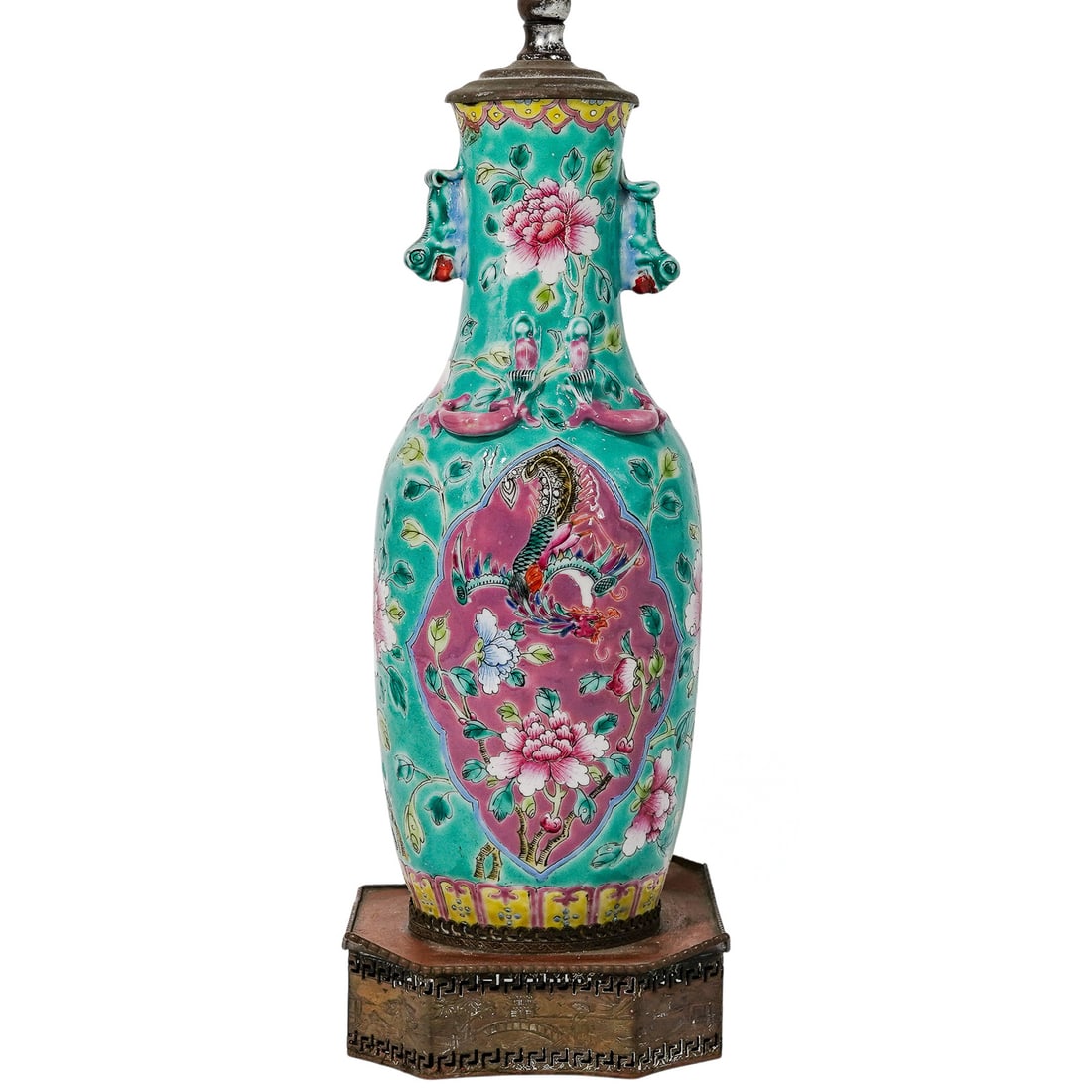 Antique Chinese Peranakan Famille Rose Porcelain Lamp: Antique Chinese Peranakan Famille Rose Porcelain Lamp Late 19th Century, China. Chinese Peranakan (Nyonya Straits) Famille Rose Porcelain Lamp, of baluster form with vibrant turquoise ground, enameled
