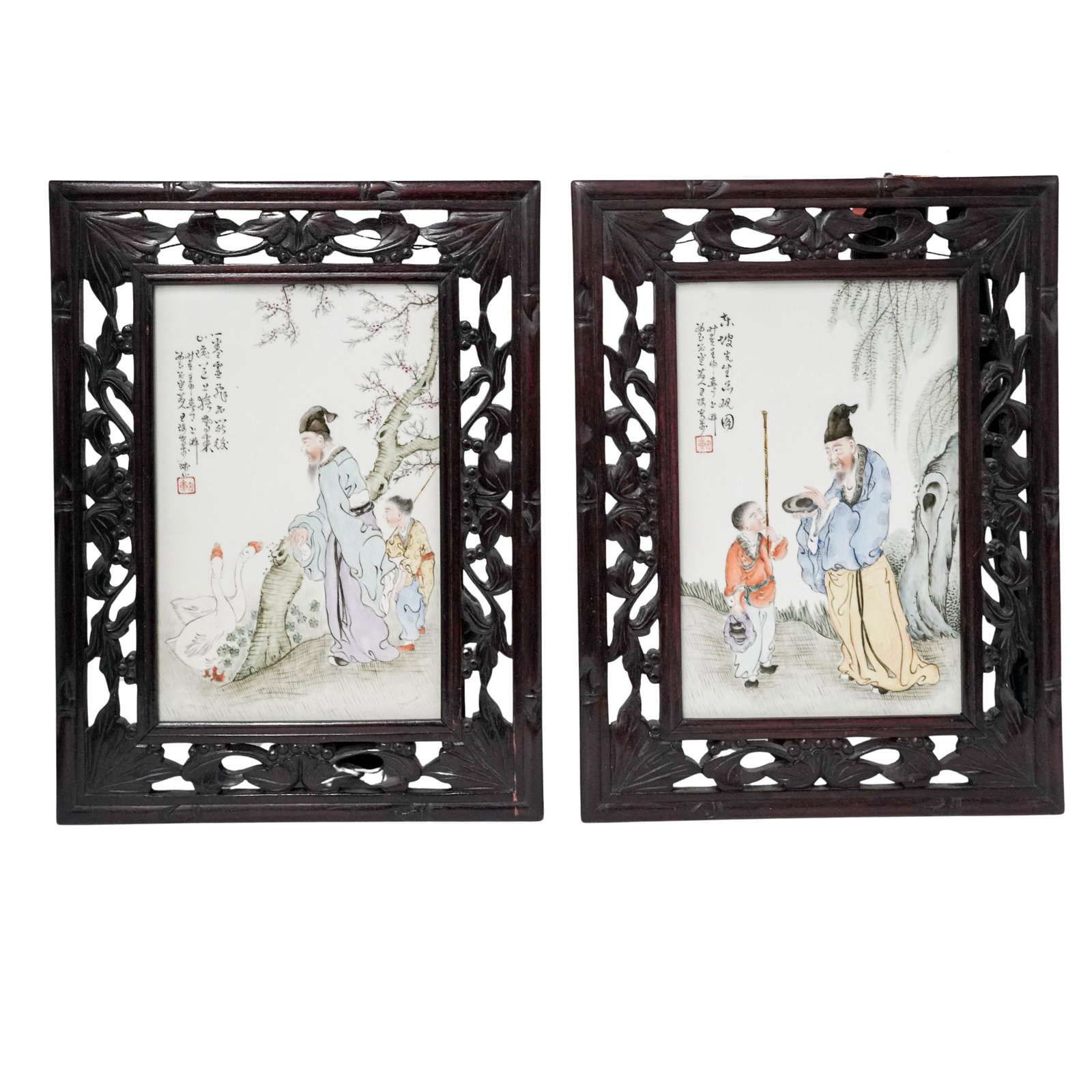 Pair Antique Chinese Republic Famille Rose Porcelain Plaques: Pair Antique Chinese Republic Famille Rose Porcelain Plaques Early 20th Century, China. Antique hand-painted porcelain plaques depicting scholarly figures and attendants in landscape settings with Chi