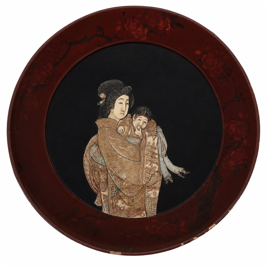 Japanese Shibayama Bone & MOP Inlay Plaque: Japanese Shibayama Bone & MOP Inlay Plaque early 20th Cent., Japanese This antique Japanese Shibayama plaque is a masterwork of the Meiji period (1868–1912). The piece features a central high-relief