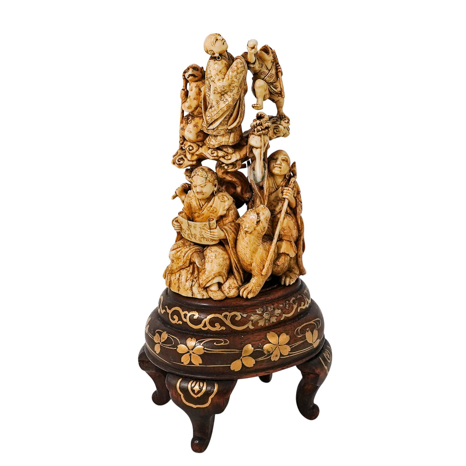 Japanese Meiji Carved Bone Okimono With Wooden Stand: Japanese Meiji Carved Bone Okimono With Wooden Stand Late 19th to early 20th Cent., Japanese This exceptional Japanese Meiji-period bone okimono is a masterfully detailed work of art signed by the ren