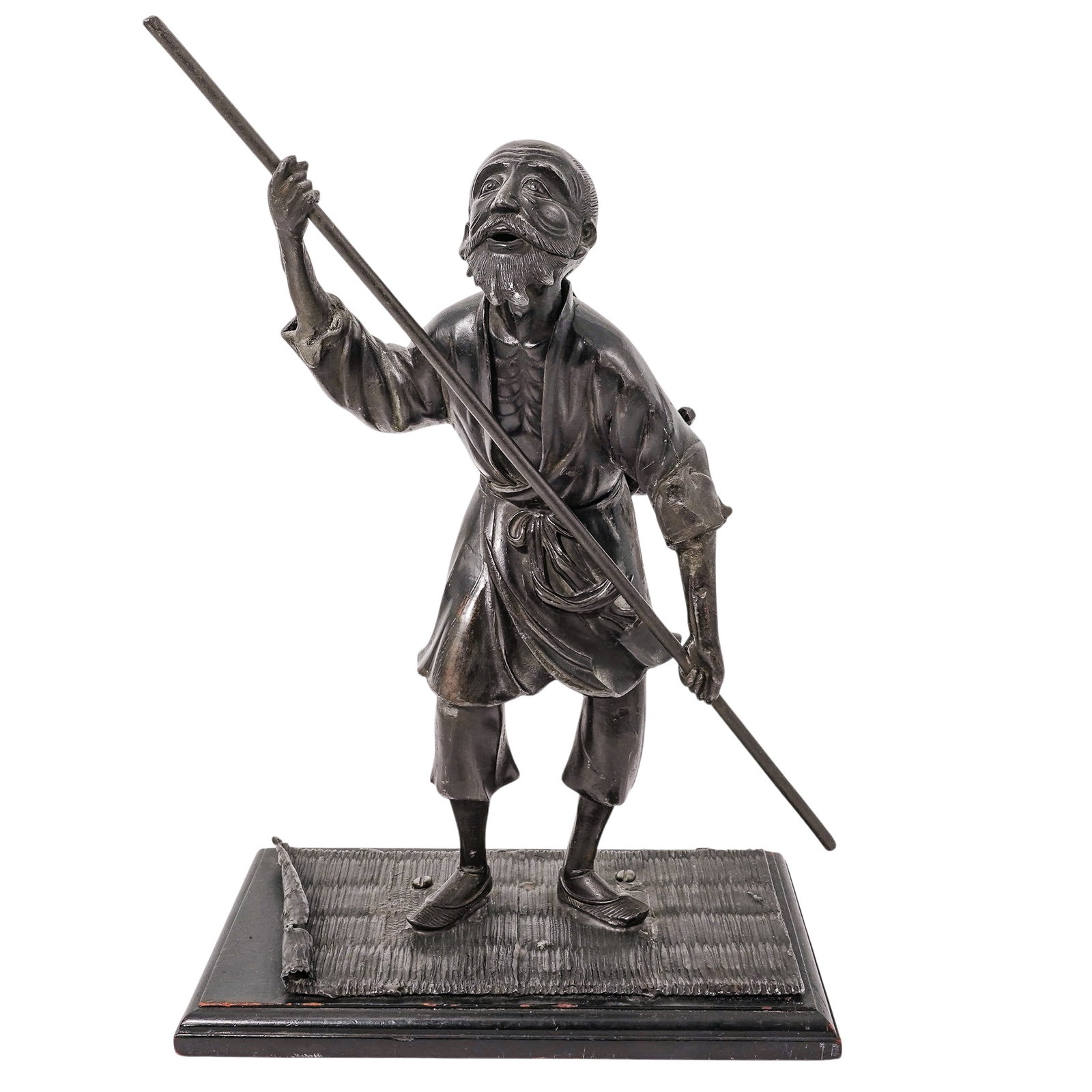 Japanese Meiji Bronze Okimono: Japanese Meiji Bronze Okimono Late 19th to Early 20th Cent., Japanese This is an expressive antique Japanese bronze okimono from the Meiji period (1868–1912), depicting a fisherman in a moment of sp