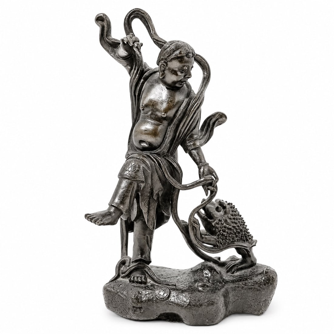 Chinese Taoist Liu Haichan & Money Toad Bronze Statue: Chinese Taoist Liu Haichan & Money Toad Bronze Statue Late 19th to Early 20th c., China Chinese cast bronze statue depicting Liu Haichan, the Daoist Immortal of Wealth and Good Fortune with his compan