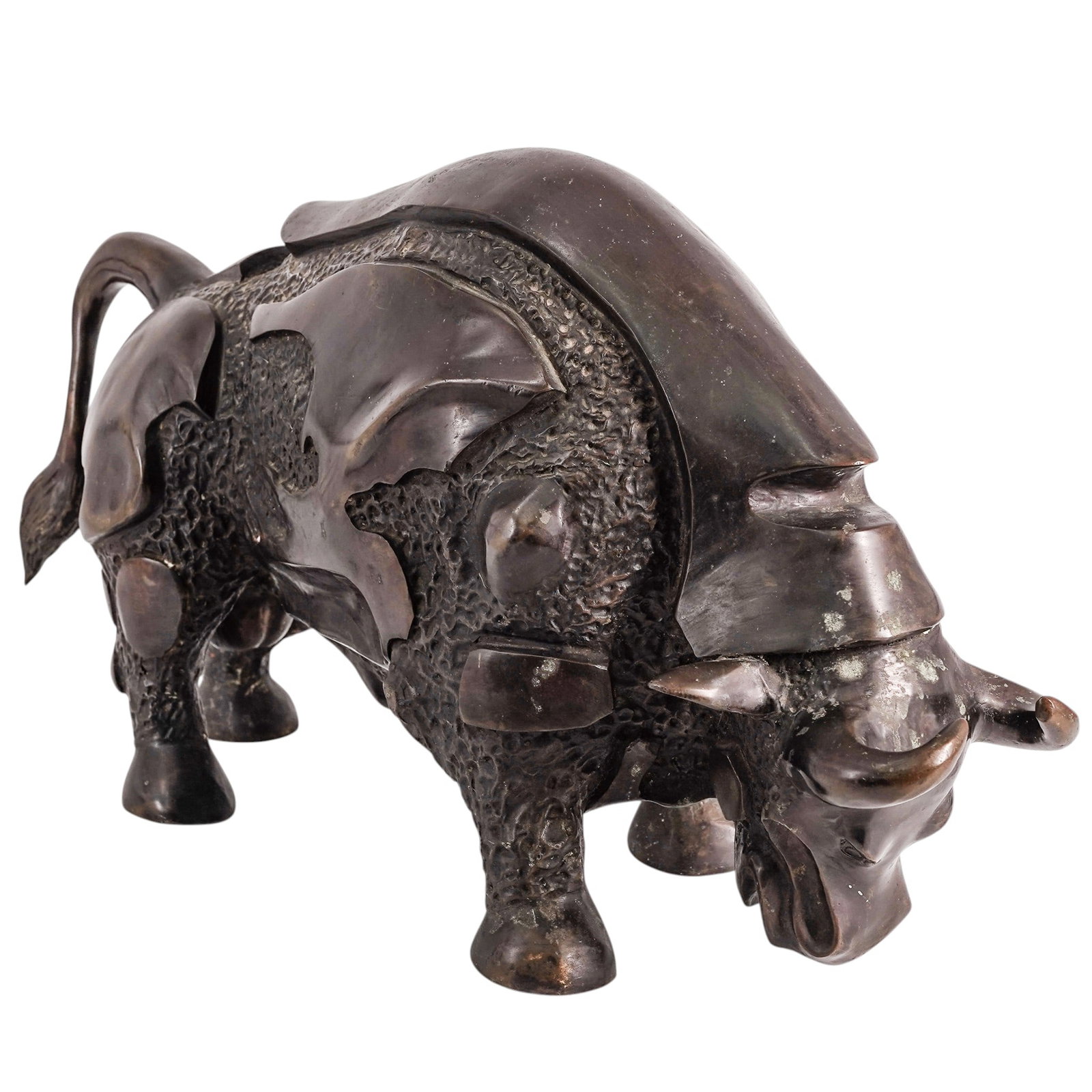 Medhat Shafik-Style Cast Bronze Bull Sculpture: Medhat Shafik-Style Cast Bronze Bull Sculpture Mid 20th Cent. This powerful modernist bronze sculpture depicts a charging bull in a semi-abstract, "armored" style, a design frequently attributed to th