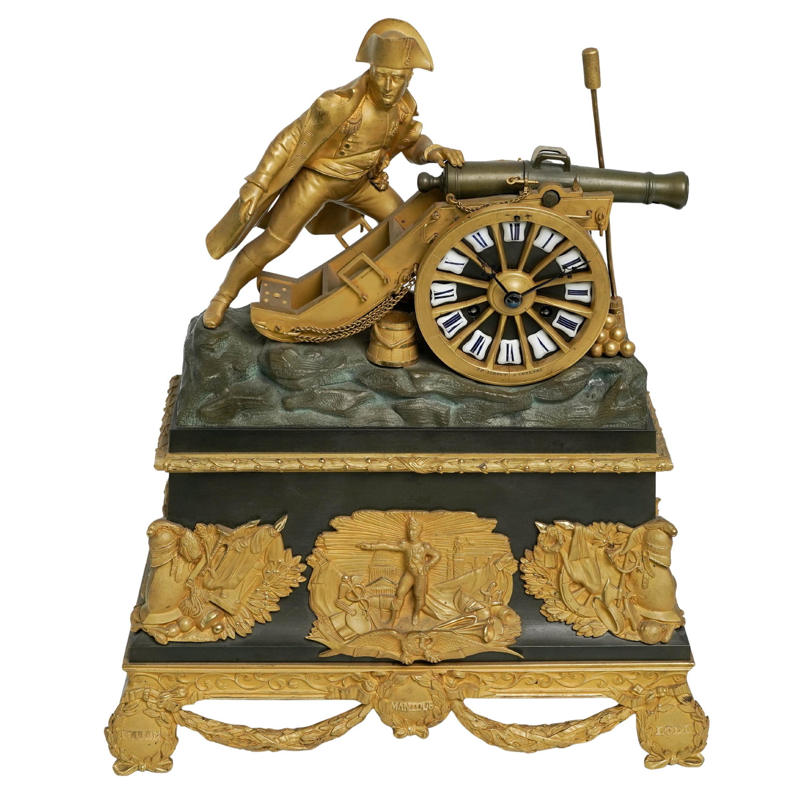 P.P. Aubout French Empire Napoleon Gilt Bronze Figural Mantel Clock: P.P. Aubout French Empire Napoleon Gilt Bronze Figural Mantel Clock c. 1840-1860, French. French empire gilt bronze figural mantel clock depicting young Napoleon as an artillery officer at a cannon. T