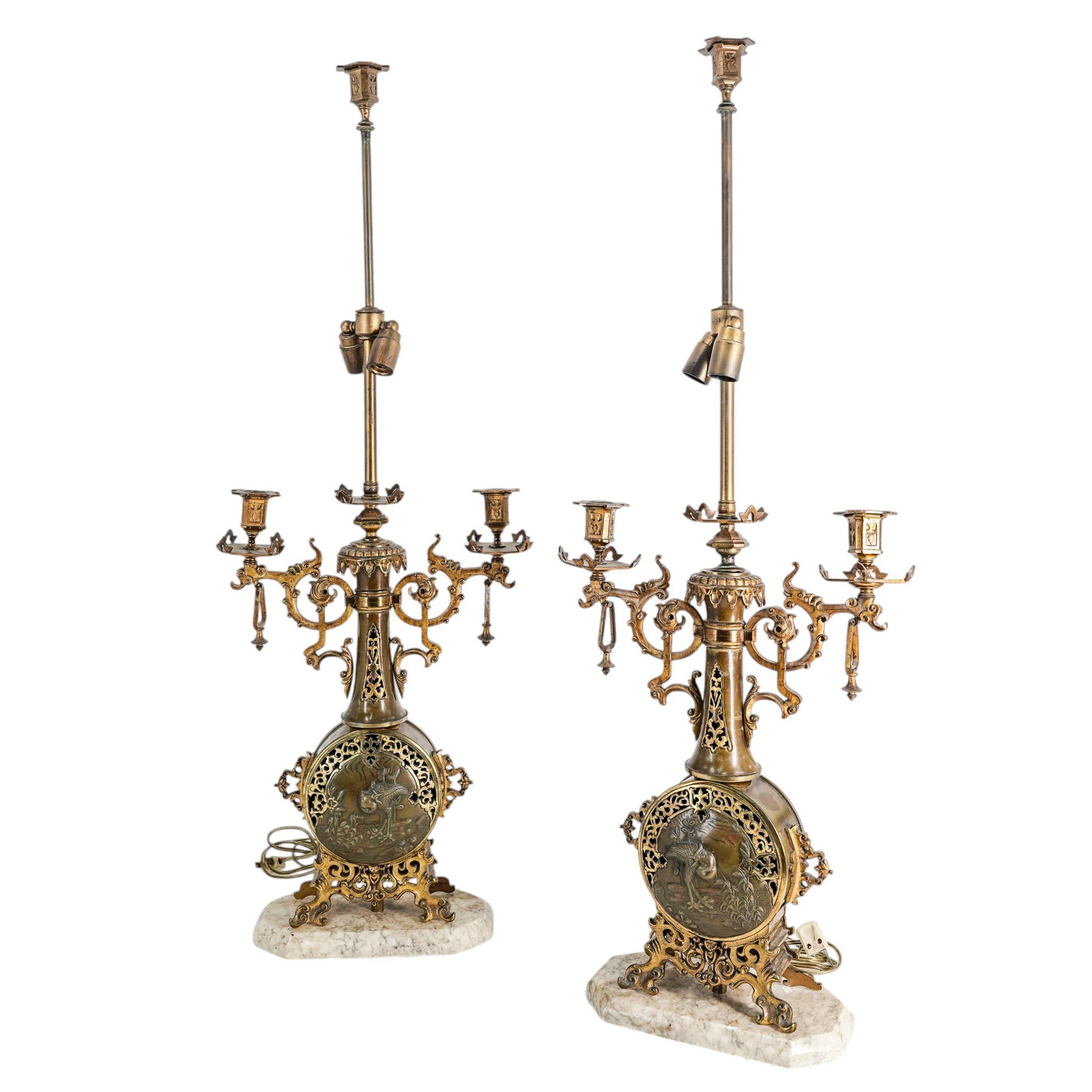 Pair of French Japonisme Candelabra Table Lamps: Pair of French Japonisme Candelabra Table Lamps Early to mid 20th century, French A pair of French candelabra table lamps in a Japonisme style, incorporating Japanese motifs like birds and foliage. Tw