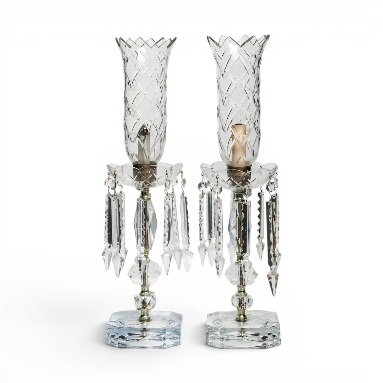 Pair of Antique Cut Glass Hurricane Table Lamps (1 of 15)