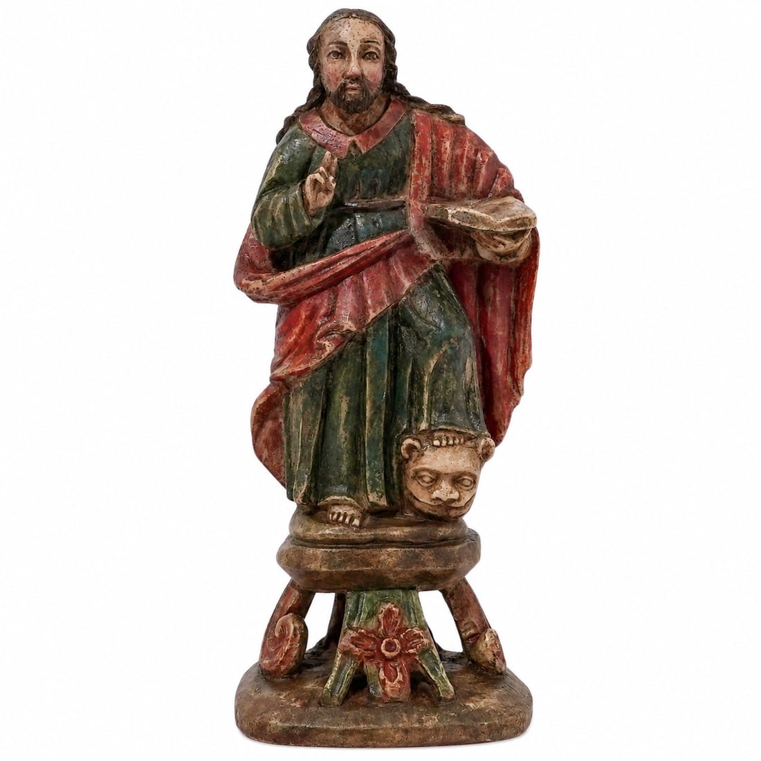 Spanish Colonial Alabaster Saint Mark Santo Figure: Spanish Colonial Alabaster Saint Mark Santo Figure 18th-19th c., Peru Antique hand-carved alabaster polychrome religious icon statue of Saint Mark the Evangelist. He is depicted raising his right hand