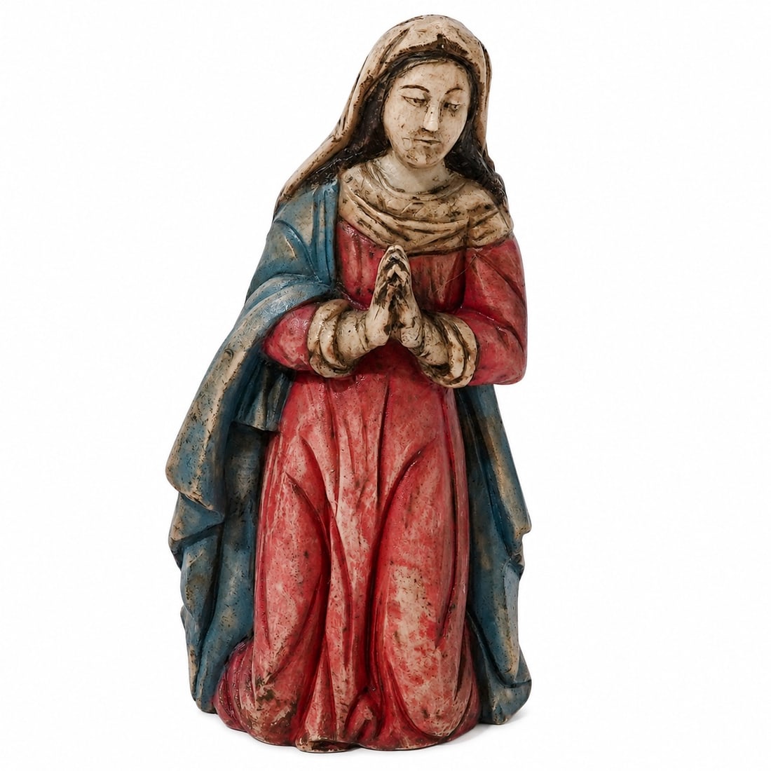 Spanish Colonial Alabaster Praying Madonna Santo Figure: Spanish Colonial Alabaster Praying Madonna Santo Figure 18th-19th c., Peru Antique hand-carved alabaster polychrome religious icon statue depicting the Virgin Mary in a kneeling, prayerful pose. She i