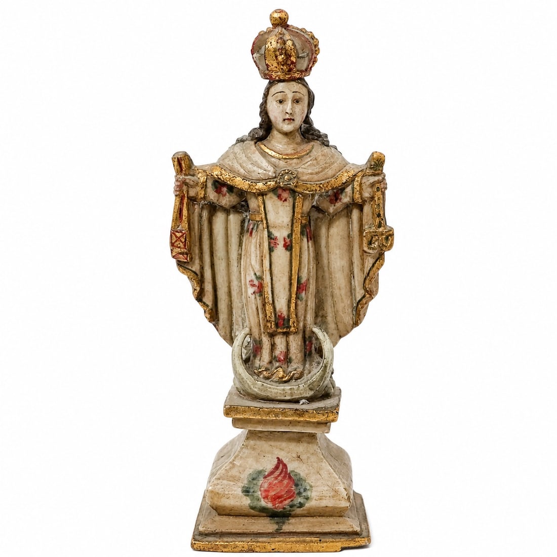 Antique Spanish Colonial Our Lady Of Mercy Santo Figure: Antique Spanish Colonial Our Lady Of Mercy Santo Figure 18th-19th c., Peru Antique Baroque hand-carved alabaster polychrome religious icon statue depicting the Virgin Mary as Our Lady of Mercy. She is